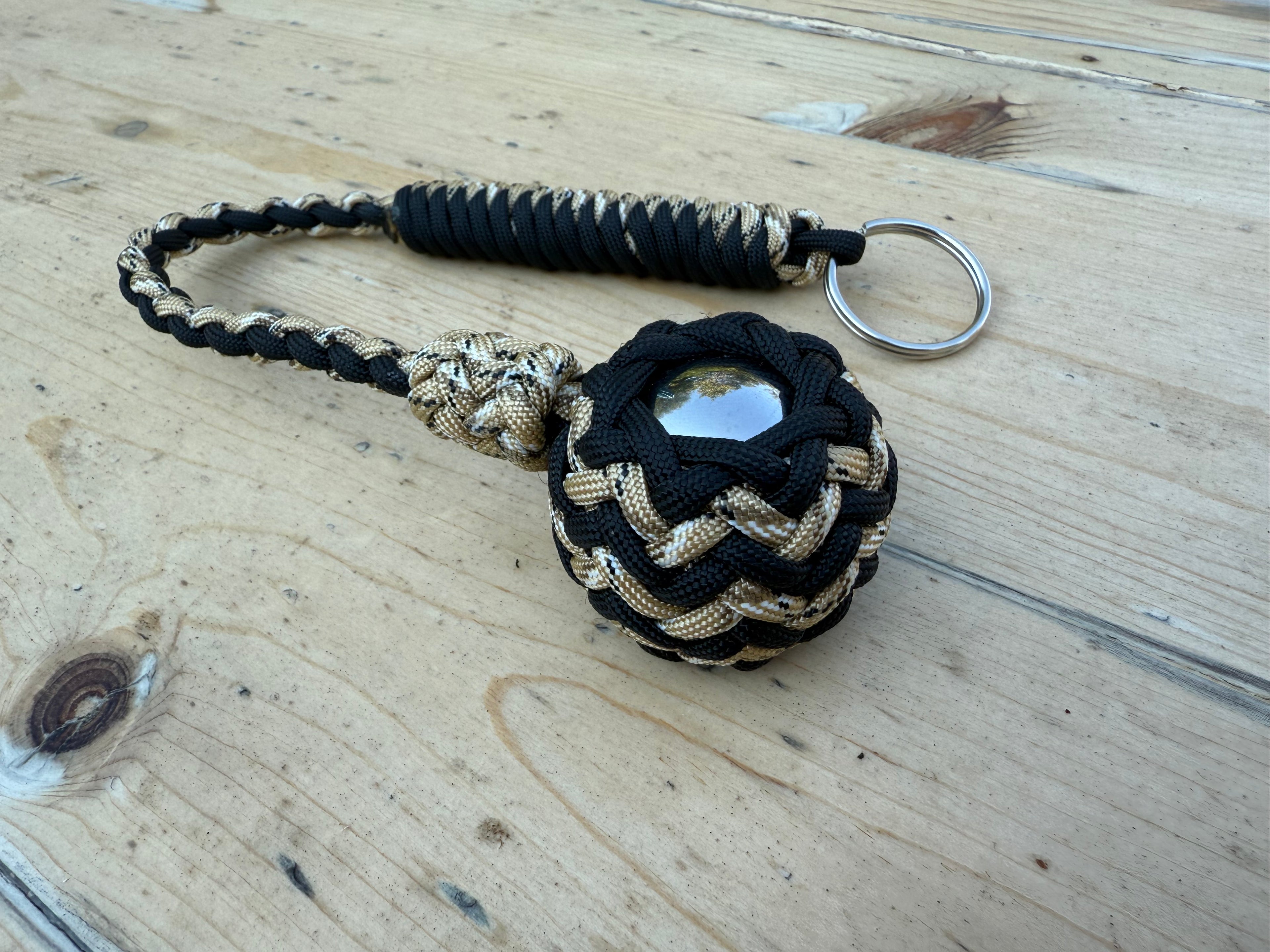 Decorative Paracord Wrapped 1.5 inch Steel Ball in Black and Tan Camo Keychain monkey fist style