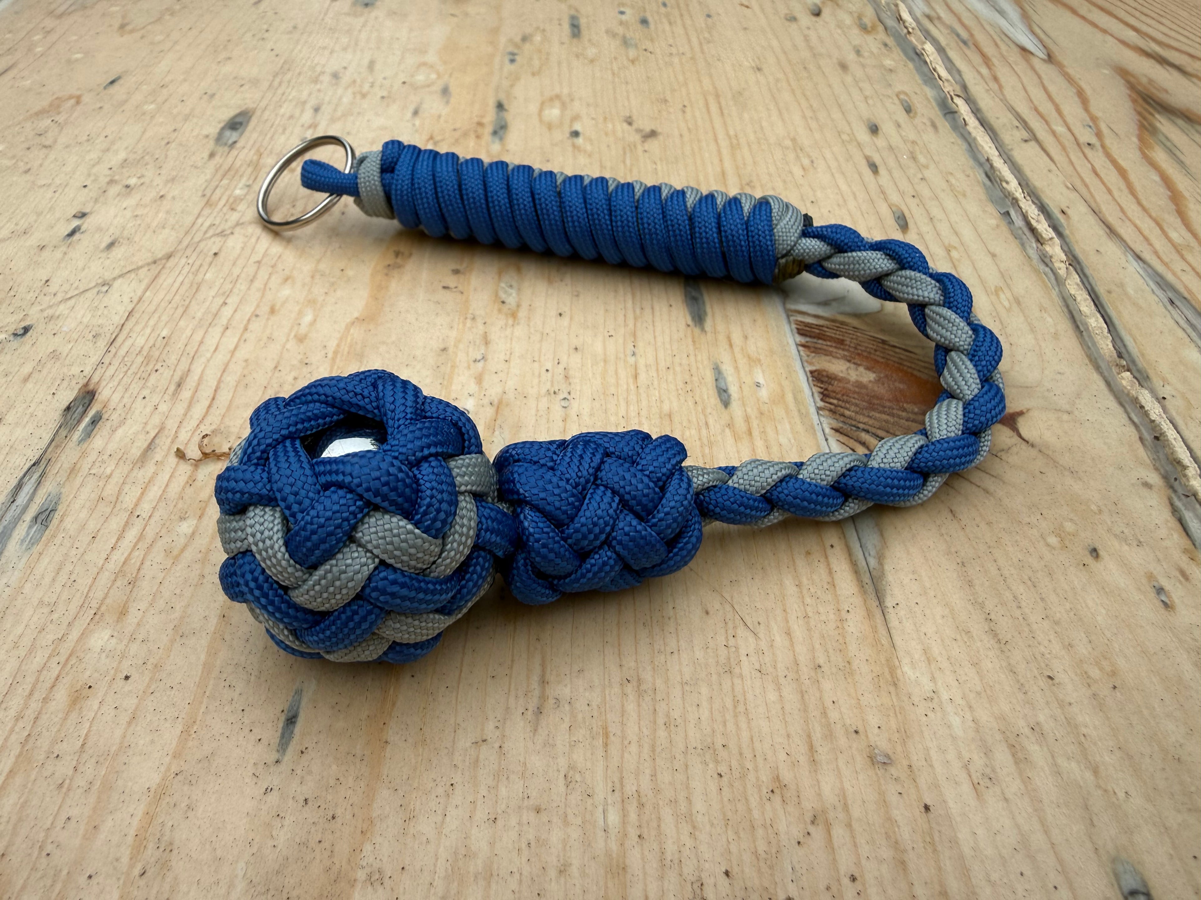 Decorative Paracord Wrapped 1 inch Steel Ball in Blue and Gray Keychain monkey fist style on a split ring