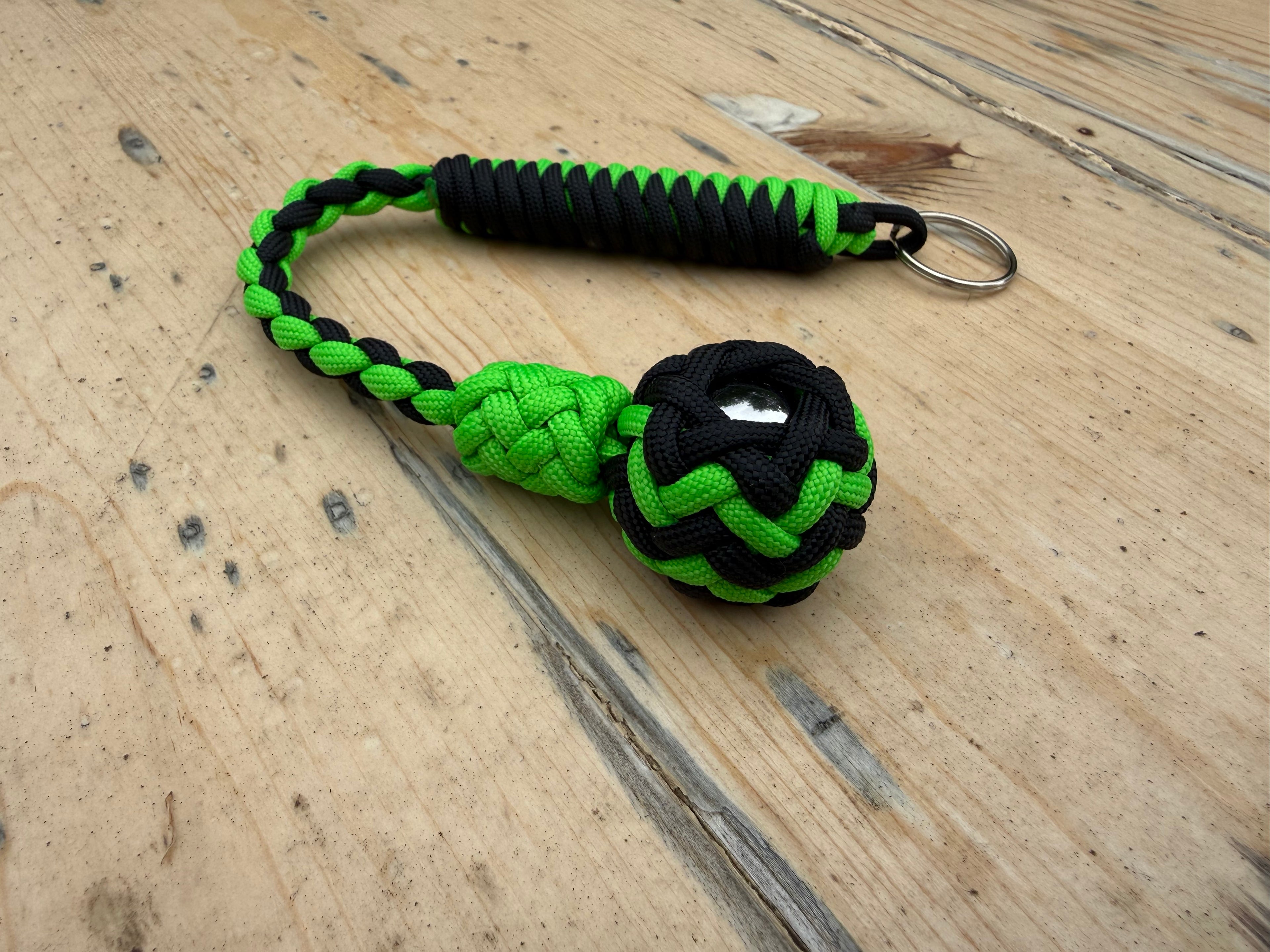 Decorative Paracord Wrapped 1 inch Steel Ball in Black and Neon Green Keychain monkey fist style on a split ring