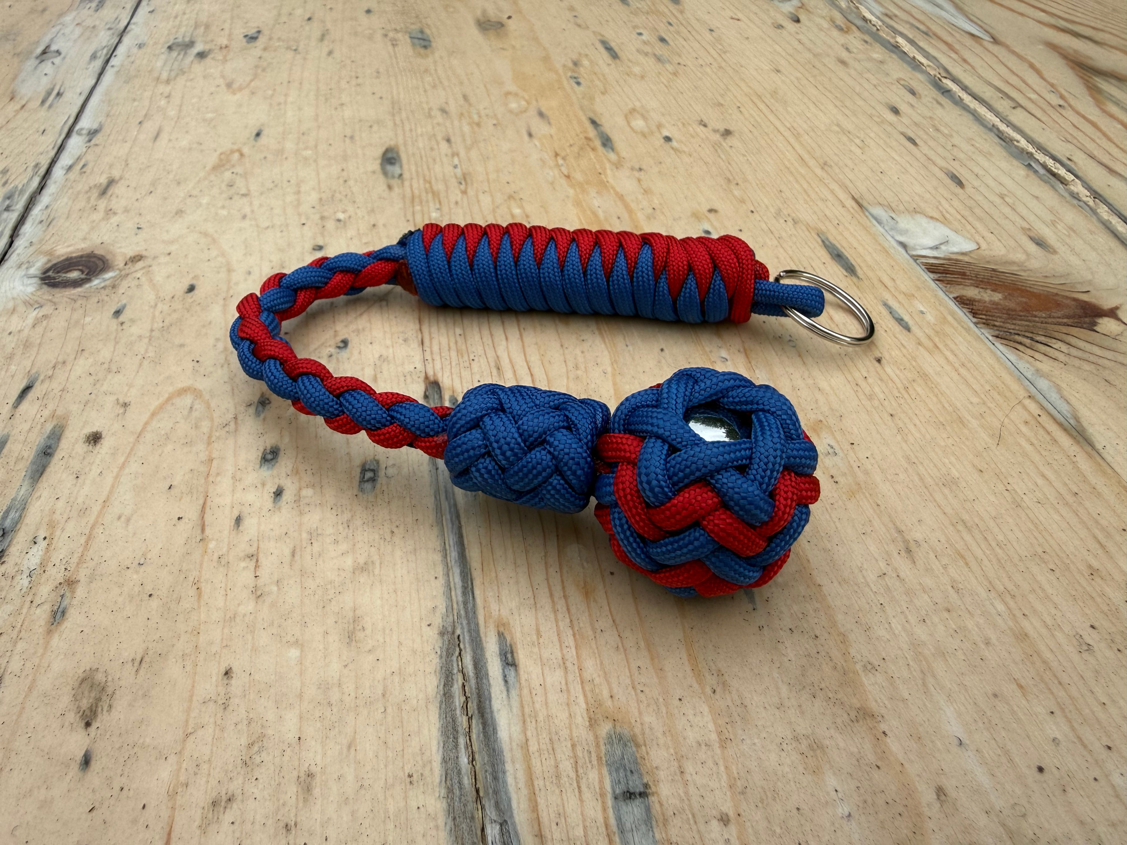 Decorative Paracord Wrapped 1 inch Steel Ball in Blue and Red Keychain monkey fist style on a split ring