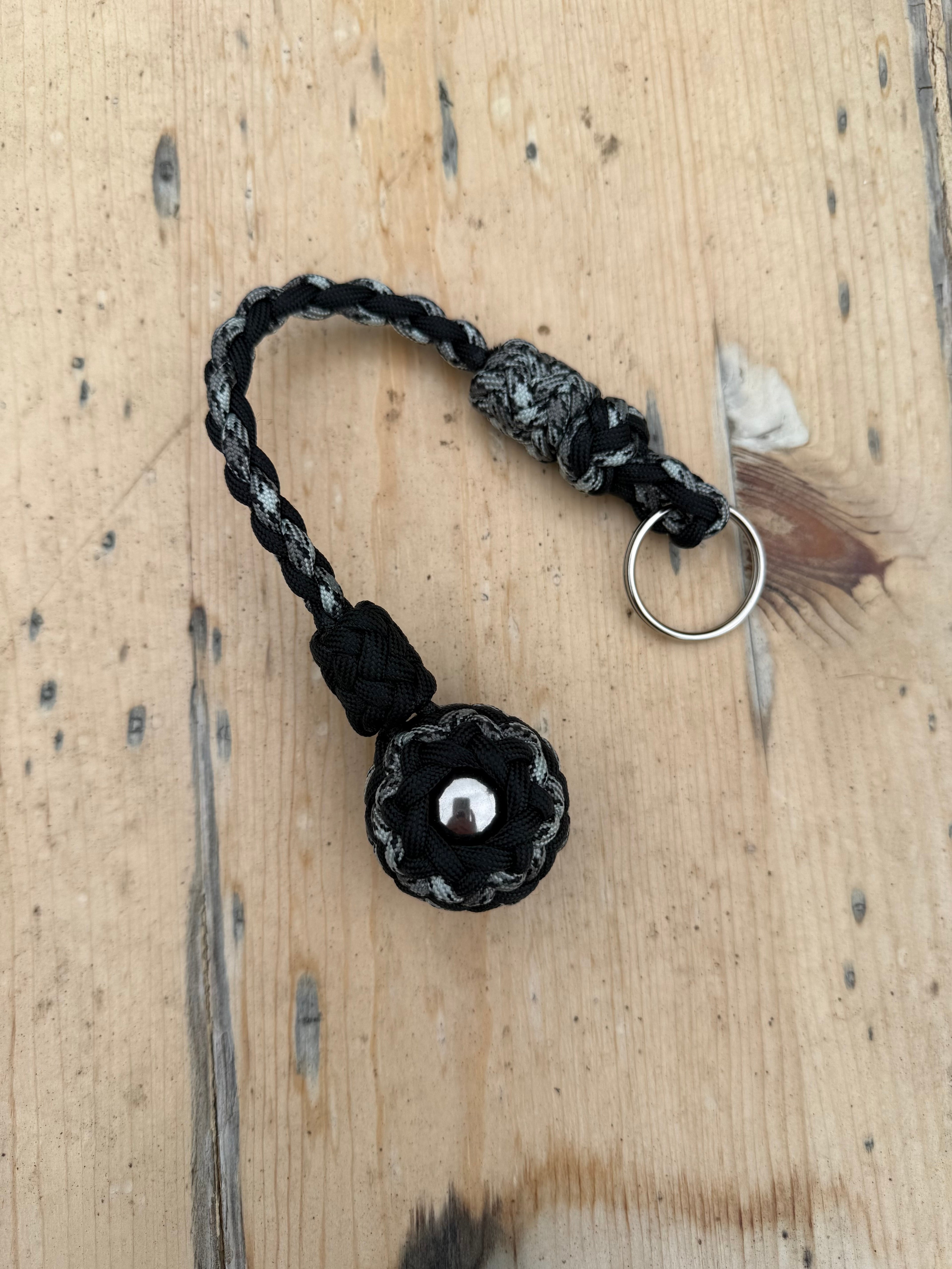 Decorative Paracord Wrapped 1.25 inch Steel Ball in Black and Gray Camo Keychain monkey fist style