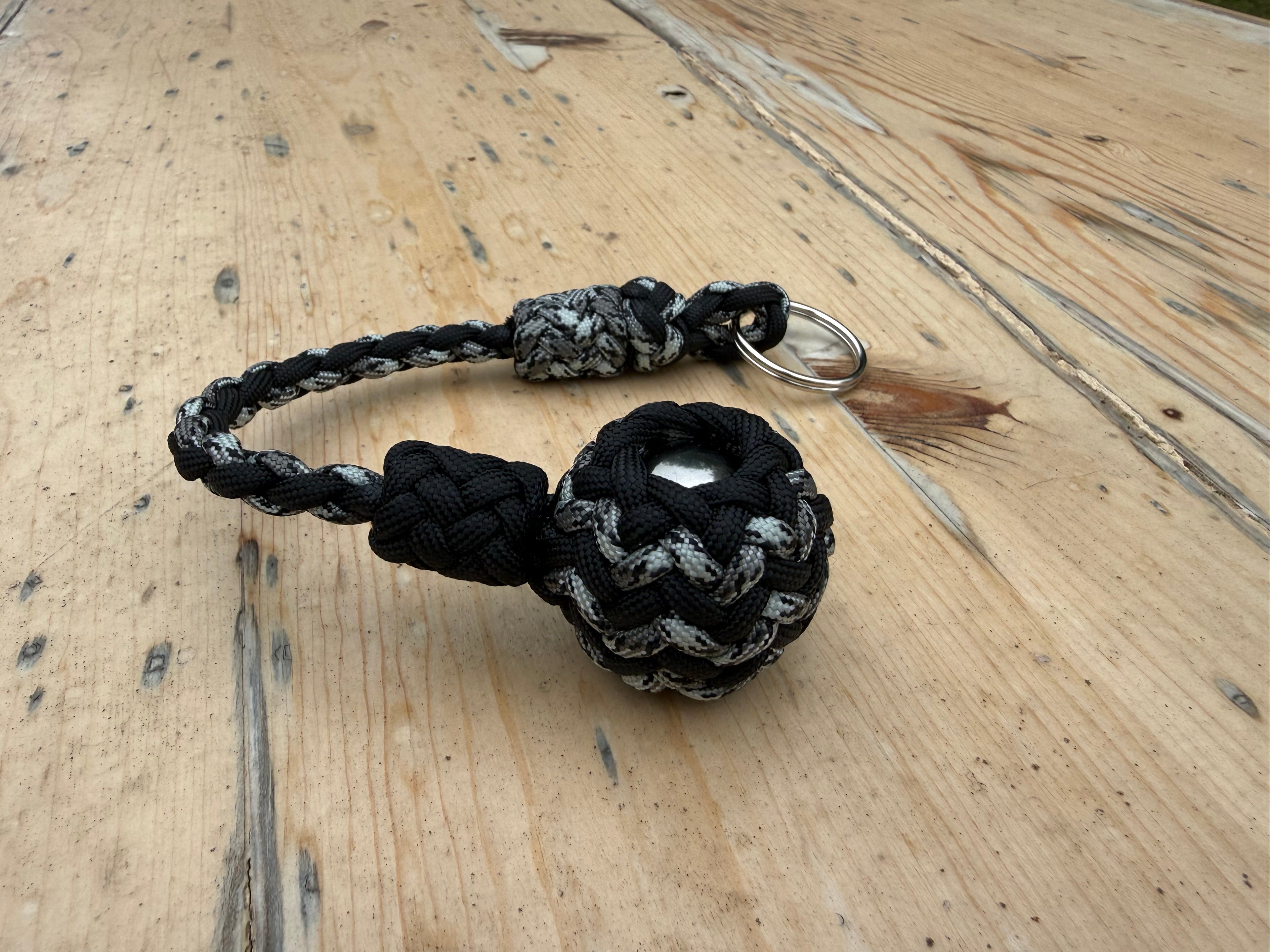 Decorative Paracord Wrapped 1.25 inch Steel Ball in Black and Gray Camo Keychain monkey fist style