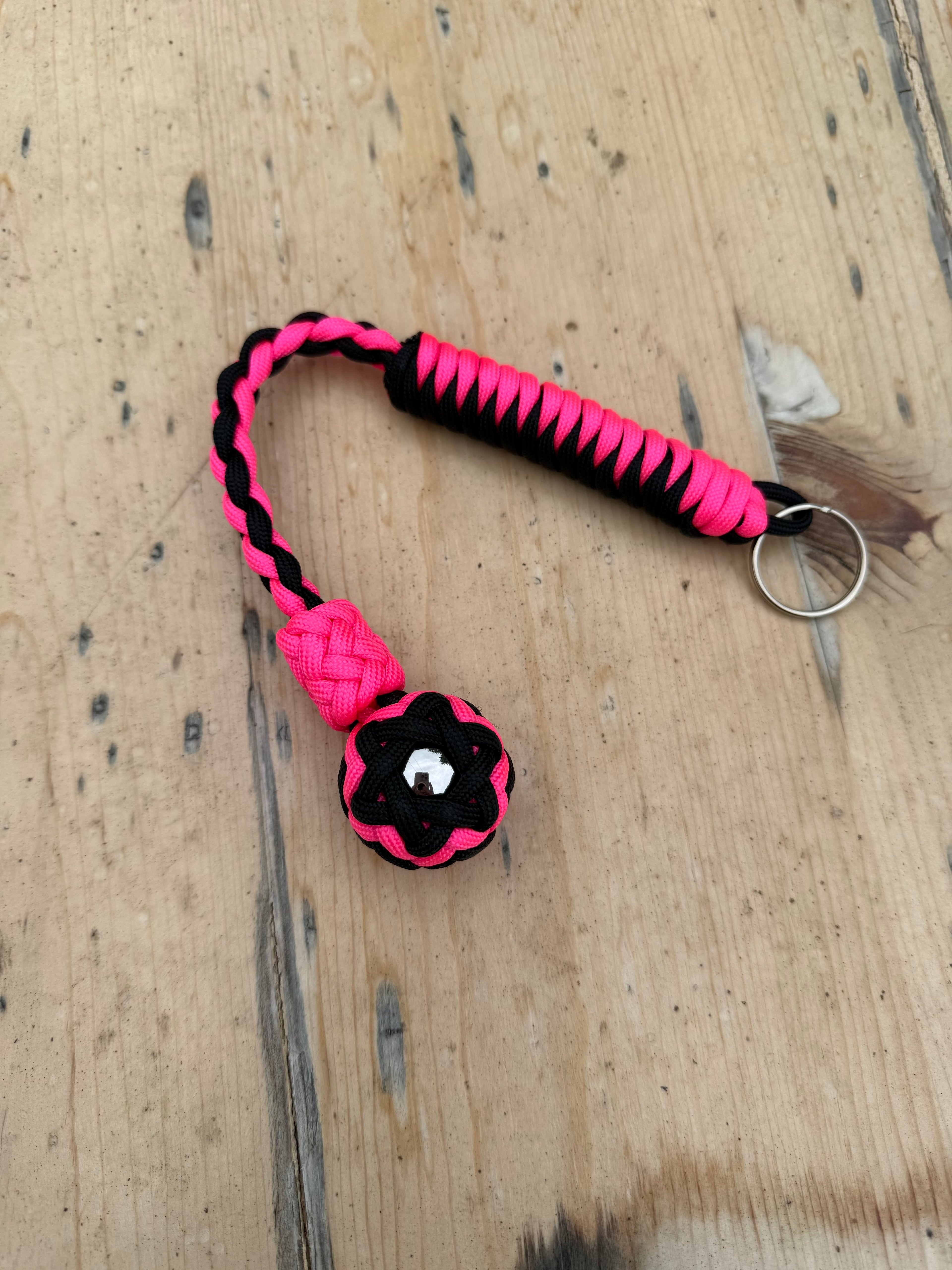 Decorative Paracord Wrapped 1 inch Steel Ball in Black and Neon Pink Keychain monkey fist style on a split ring