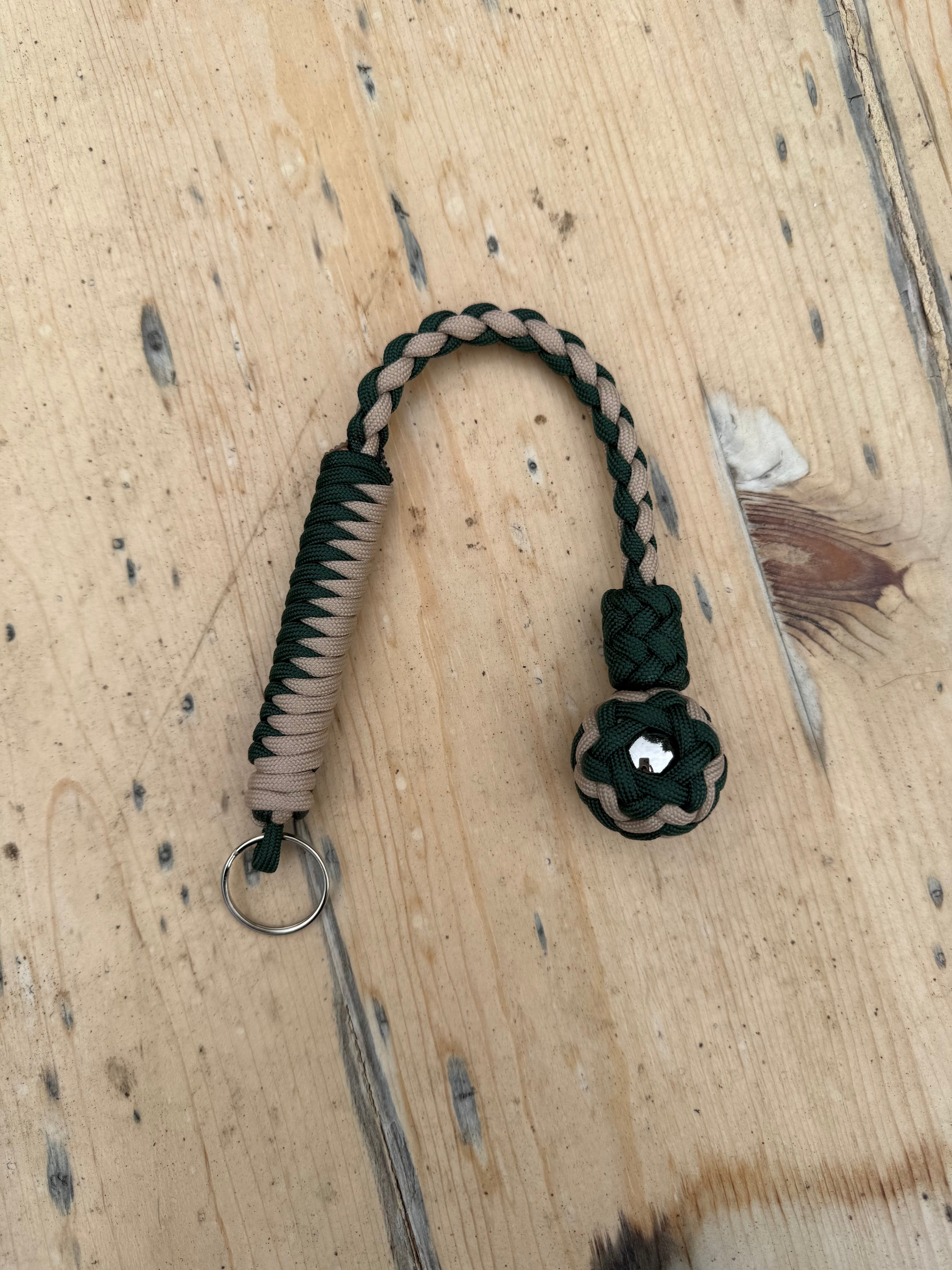 Decorative Paracord Wrapped 1 inch Steel Ball in Green and Tan Keychain monkey fist style on a split ring