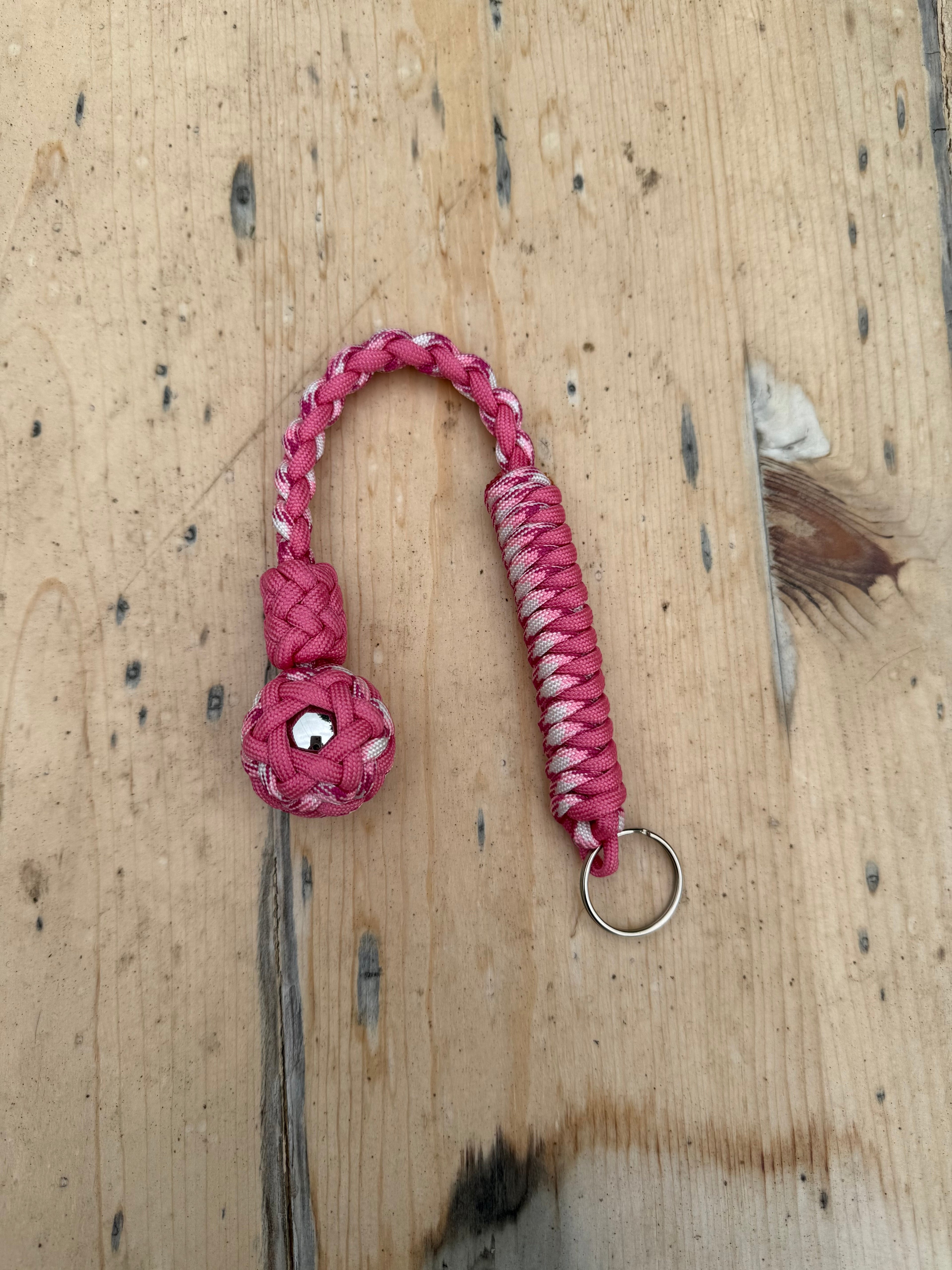 Decorative Paracord Wrapped 1 inch Steel Ball in Rose Pink and Pink Camo Keychain monkey fist style on a split ring