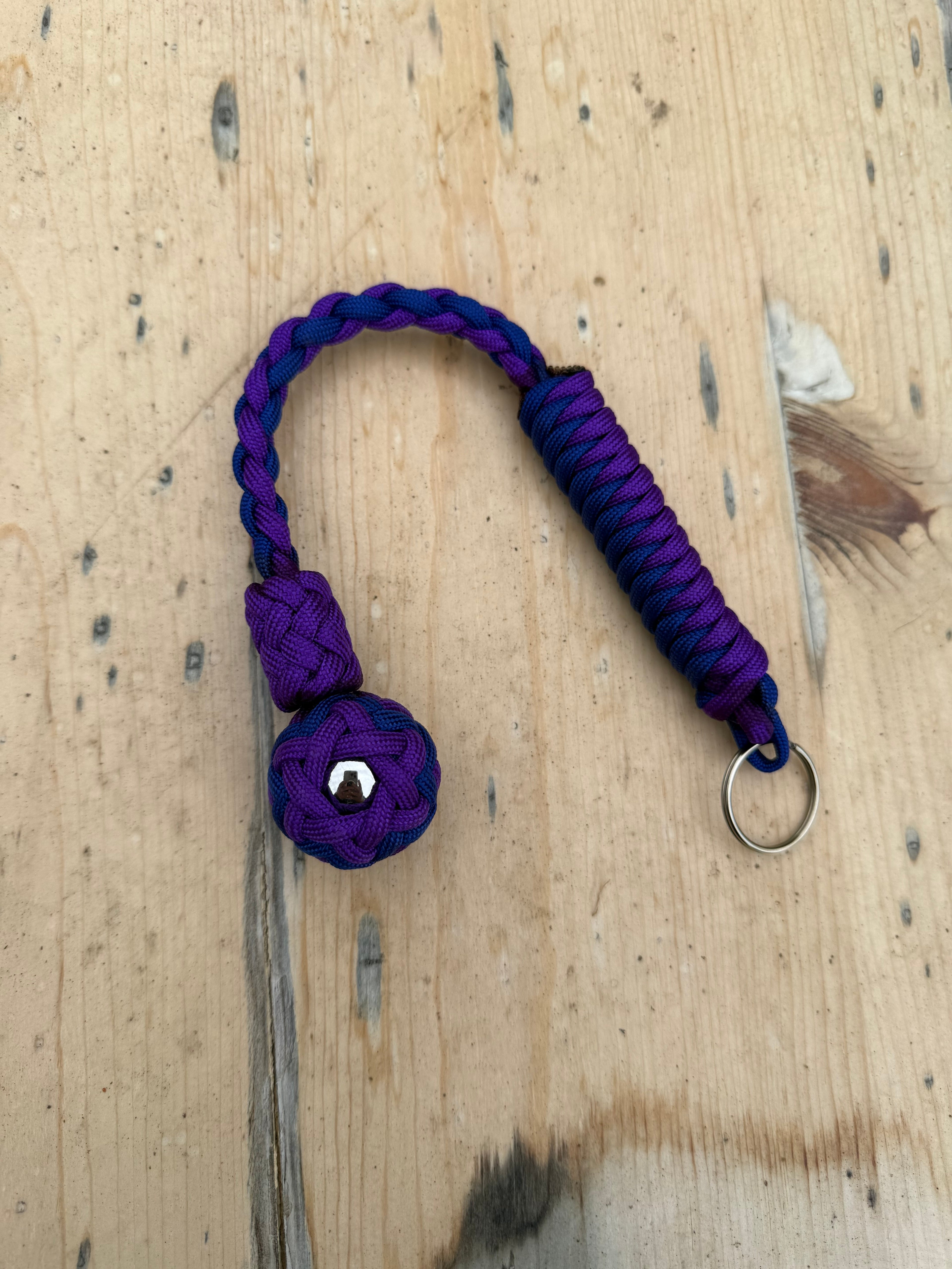 Decorative Paracord Wrapped 1 inch Steel Ball in Acid Purple and Electric Blue Keychain monkey fist style on a split ring