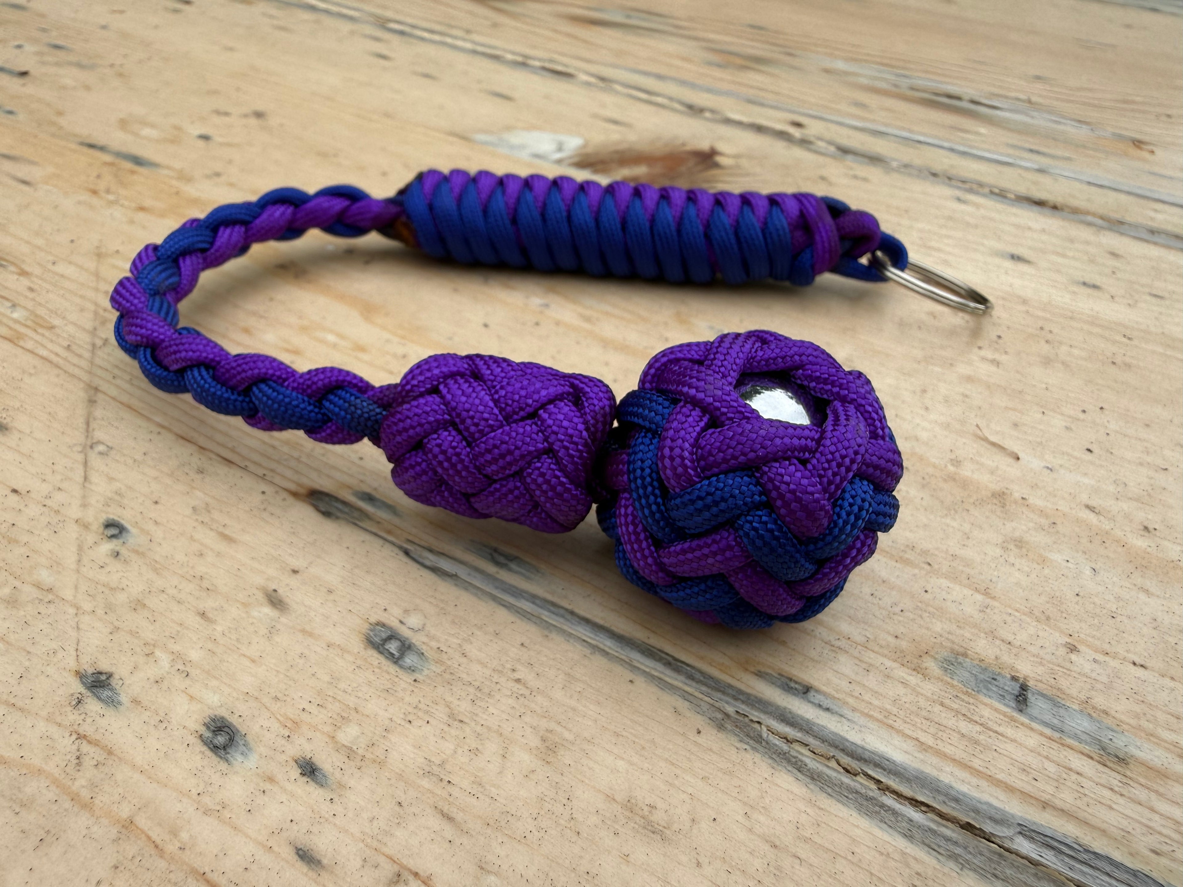 Decorative Paracord Wrapped 1 inch Steel Ball in Acid Purple and Electric Blue Keychain monkey fist style on a split ring
