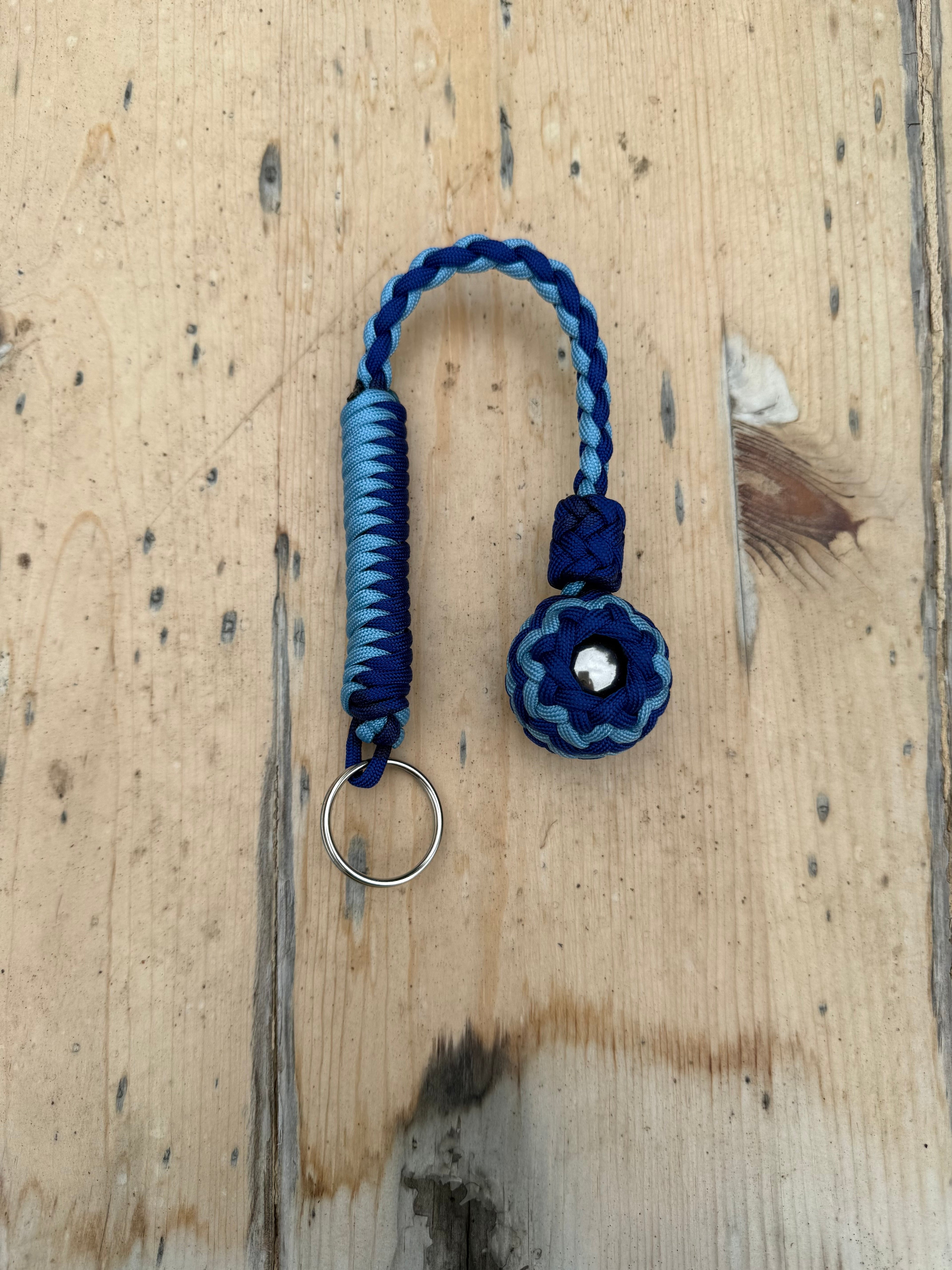 Decorative Paracord Wrapped 1.25 inch Steel Ball in Electric Blue and Baby Blue Keychain monkey fist style