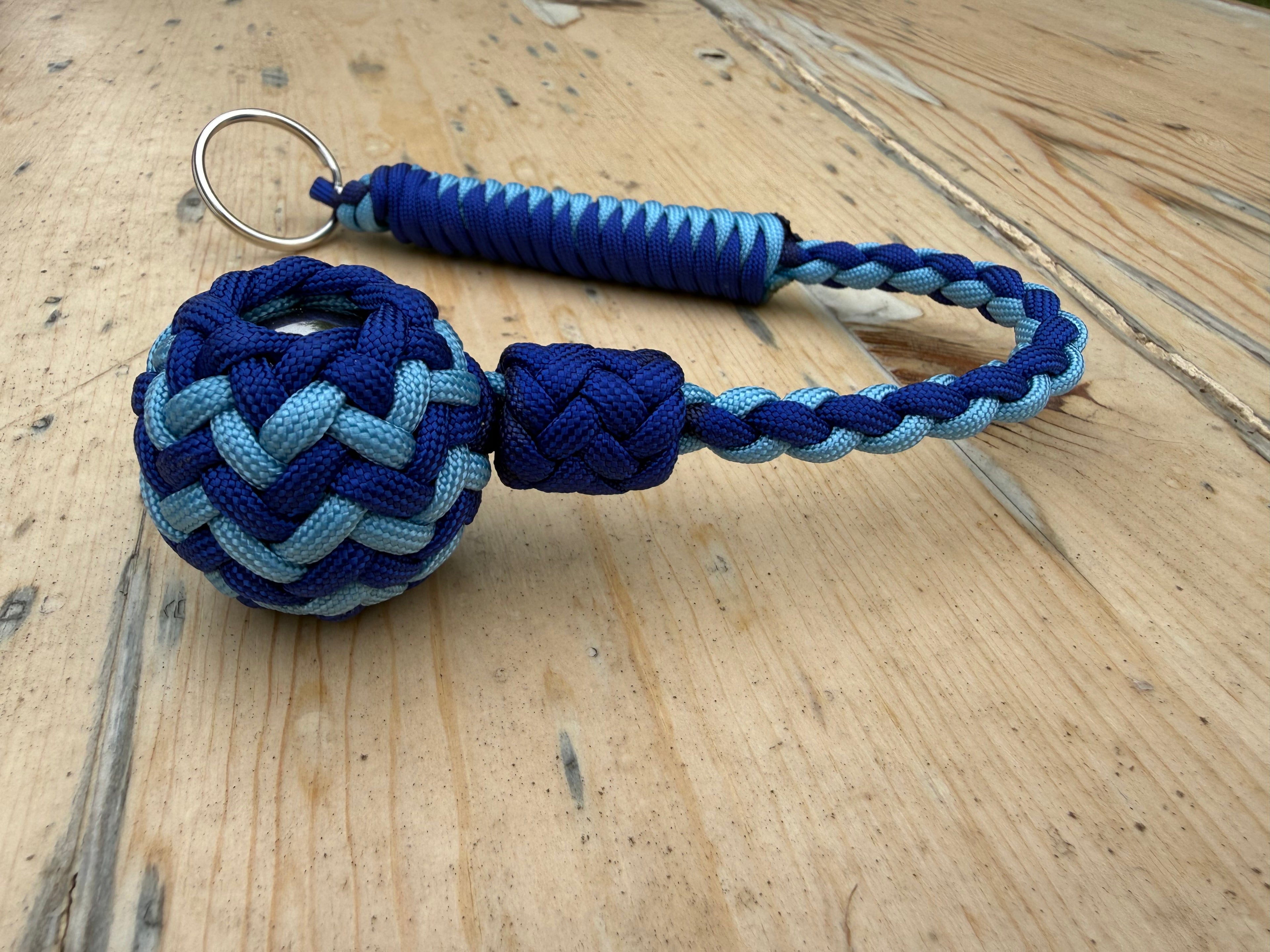 Decorative Paracord Wrapped 1.25 inch Steel Ball in Electric Blue and Baby Blue Keychain monkey fist style