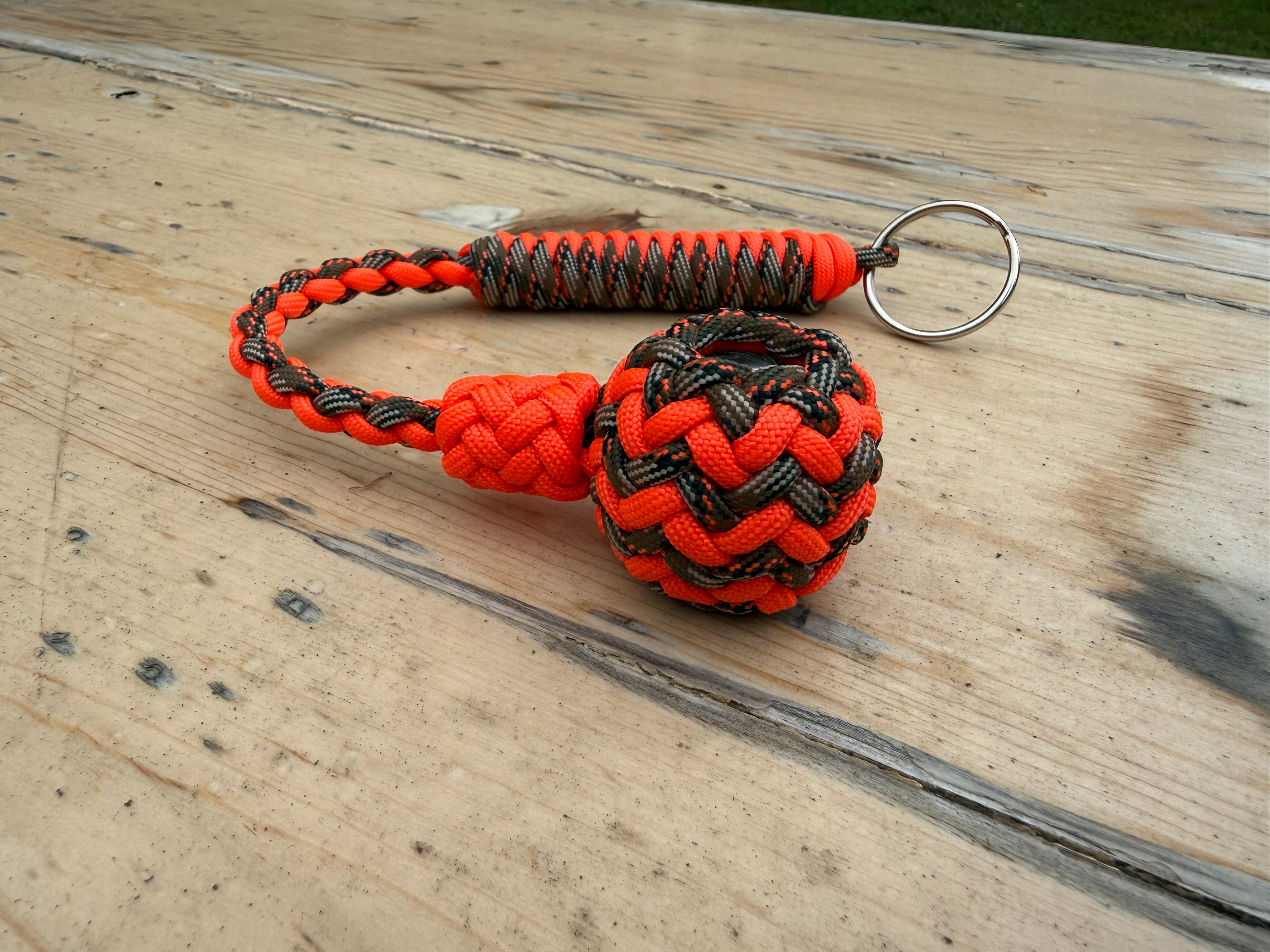 Decorative Paracord Wrapped 1.25 inch Steel Ball in Neon Orange and Treestand Keychain monkey fist style