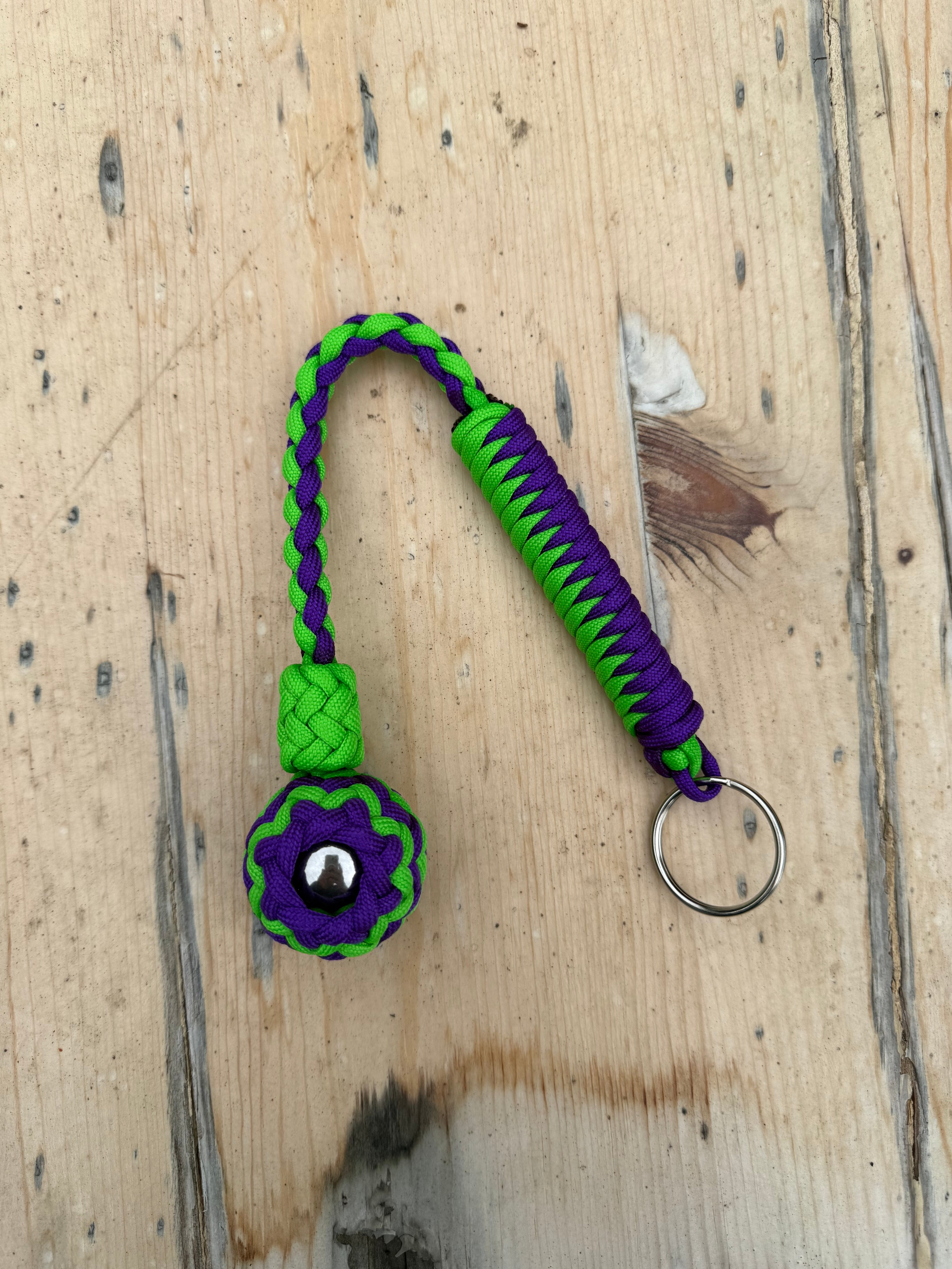 Decorative Paracord Wrapped 1.25 inch Steel Ball in Acid Purple and Neon Green Keychain monkey fist style