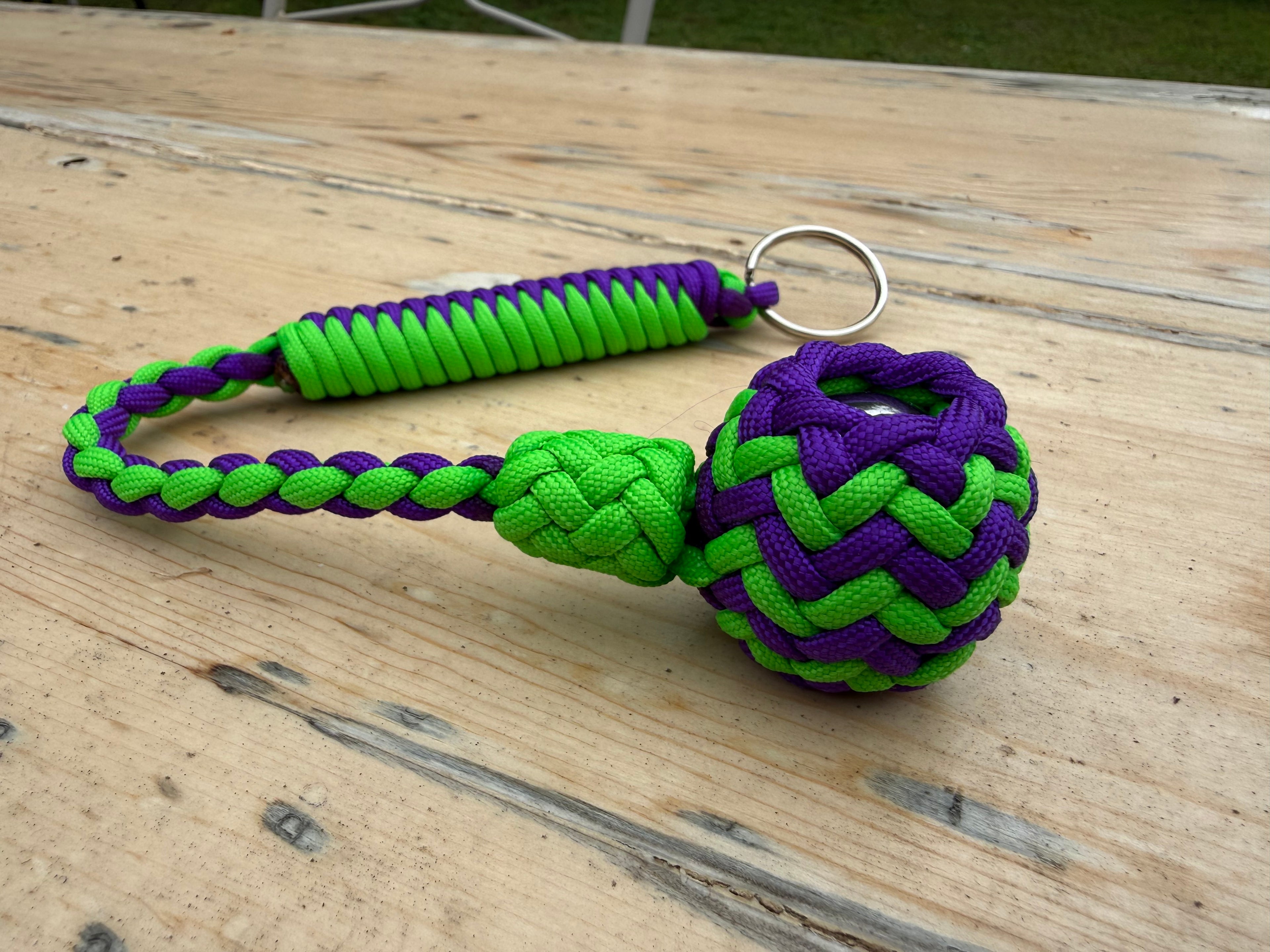 Decorative Paracord Wrapped 1.25 inch Steel Ball in Acid Purple and Neon Green Keychain monkey fist style
