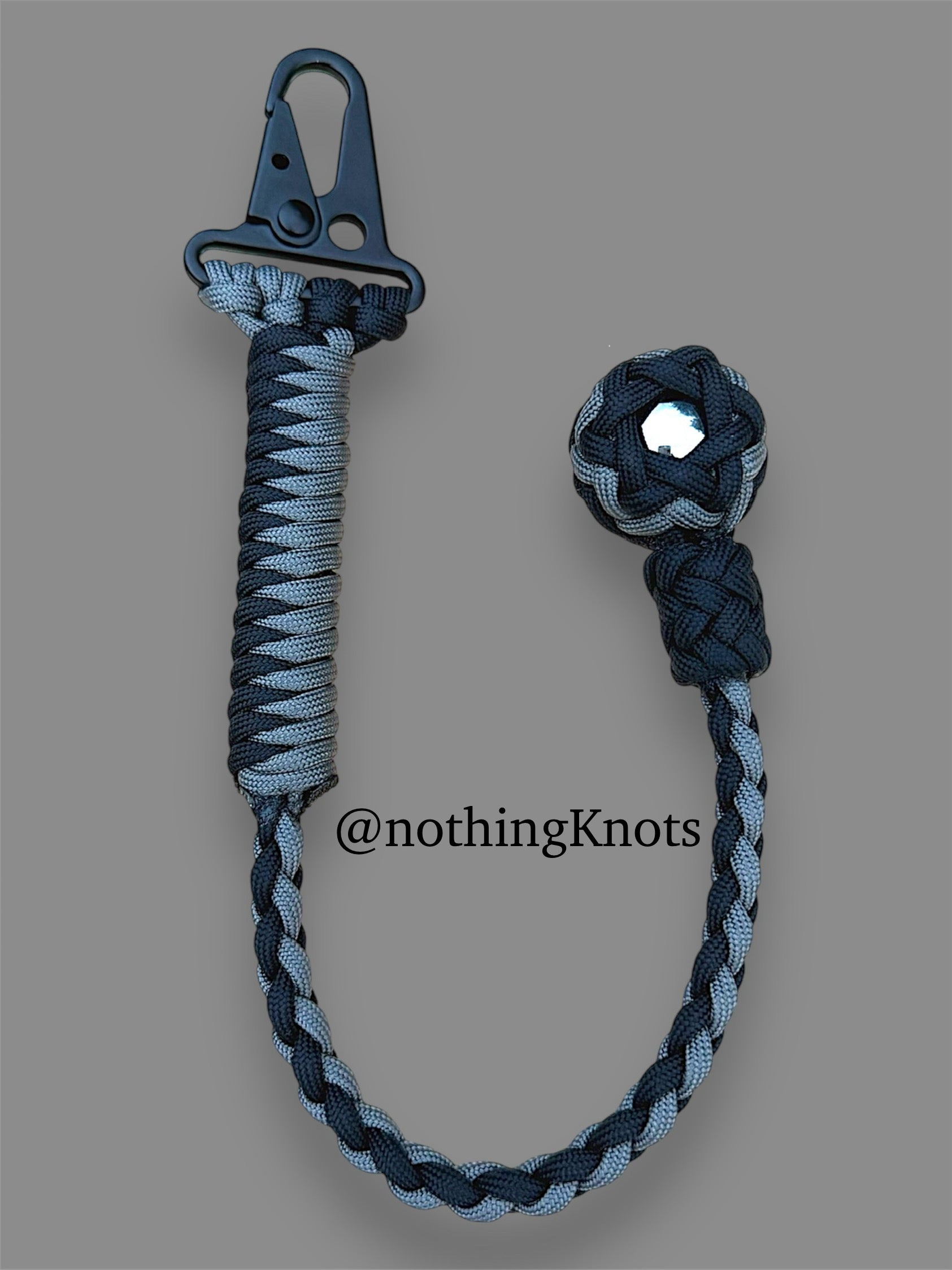 Decorative Paracord Wrapped 1 inch Steel Ball in Black and Charcoal Gray Keychain on HK Clip