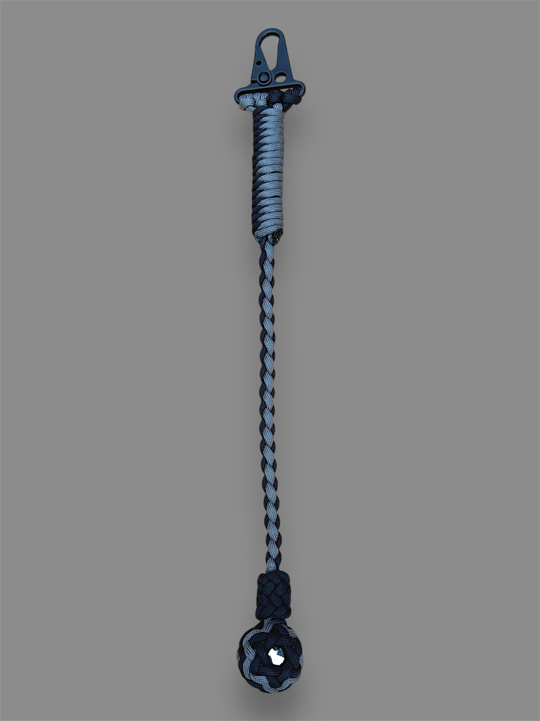 Decorative Paracord Wrapped 1 inch Steel Ball in Black and Charcoal Gray Keychain on HK Clip