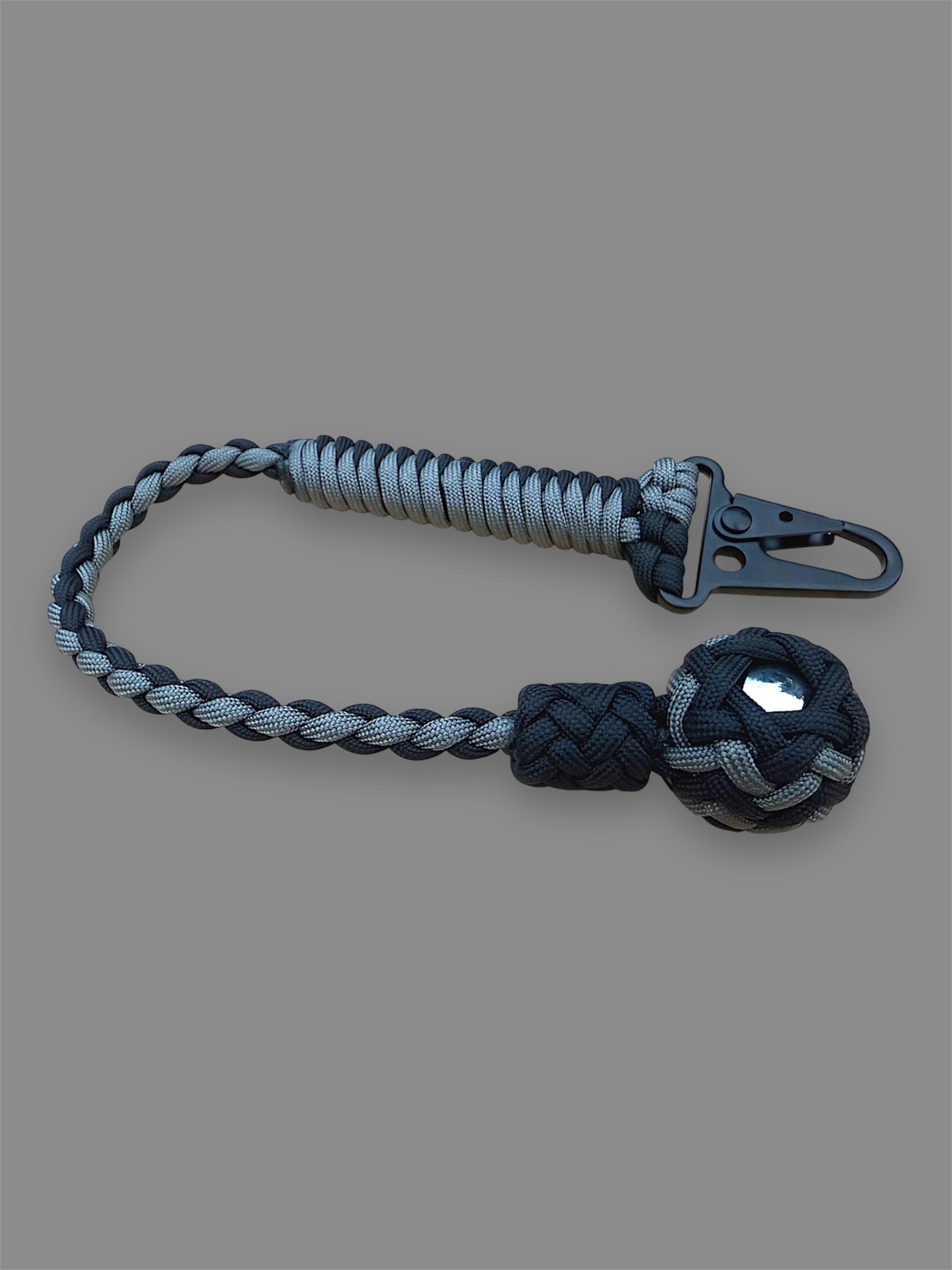 Decorative Paracord Wrapped 1 inch Steel Ball in Black and Charcoal Gray Keychain on HK Clip