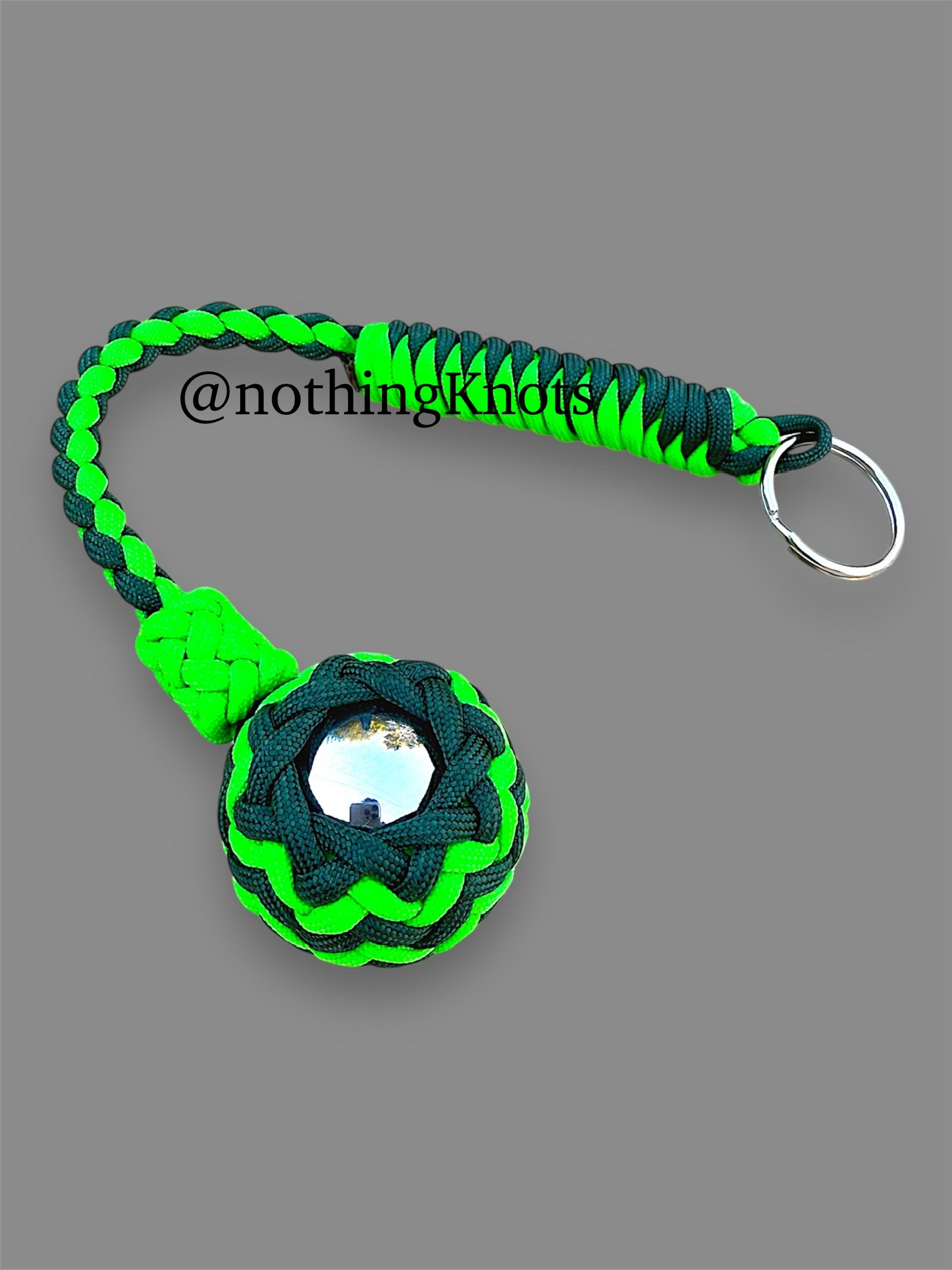 Decorative Paracord Wrapped 1.5 inch Steel Ball in Emerald and Neon Green Keychain monkey fist style