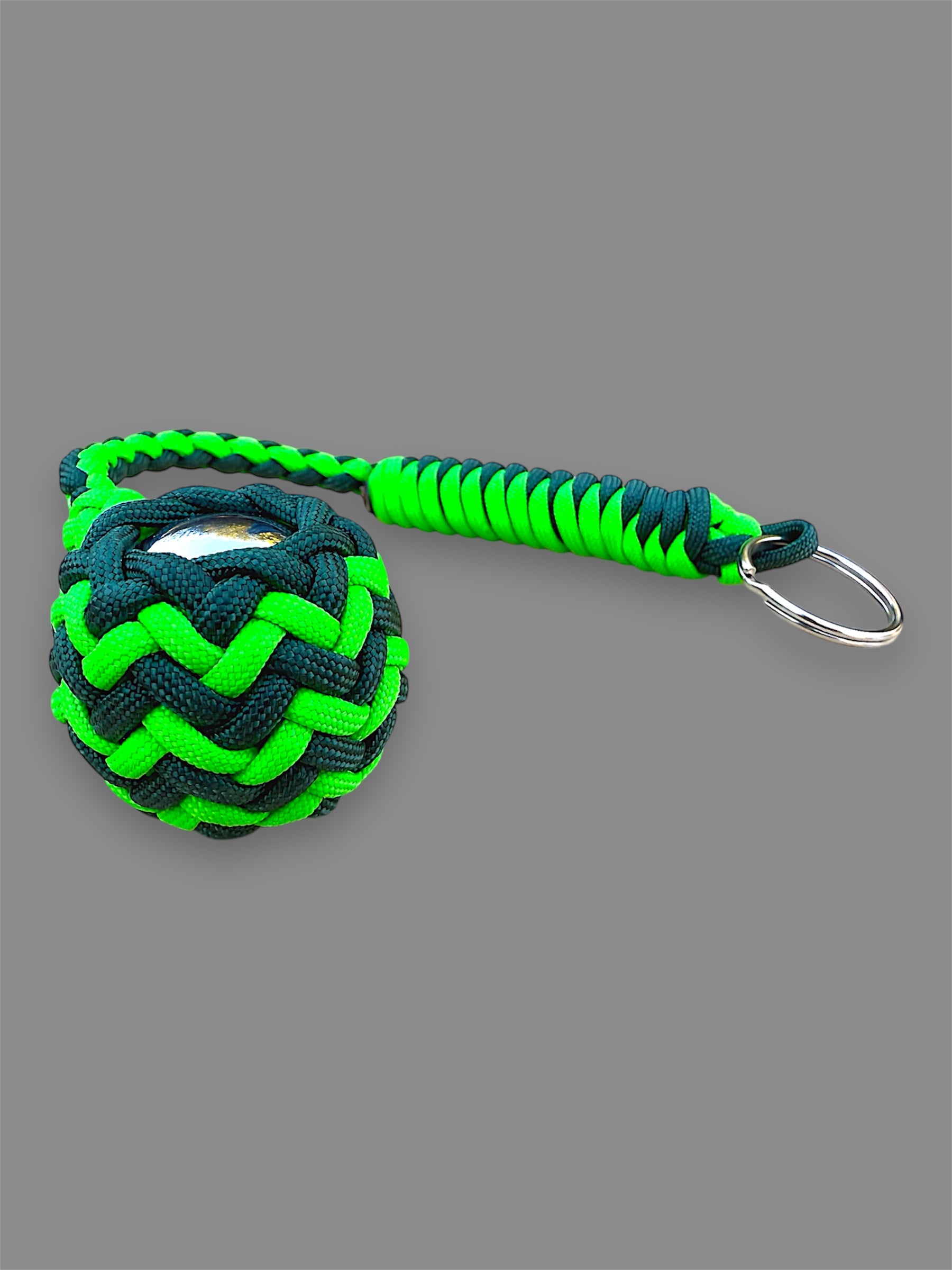 Decorative Paracord Wrapped 1.5 inch Steel Ball in Emerald and Neon Green Keychain monkey fist style