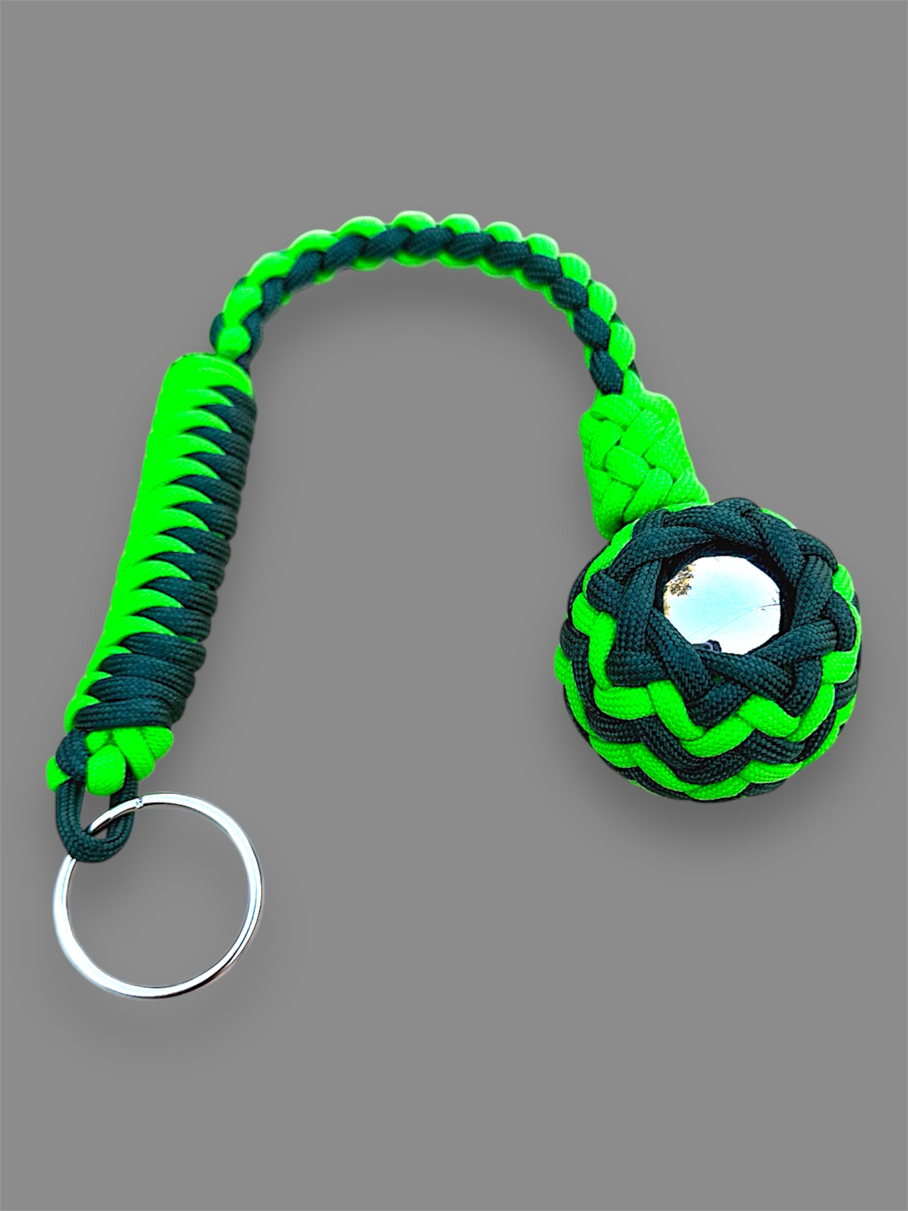 Decorative Paracord Wrapped 1.5 inch Steel Ball in Emerald and Neon Green Keychain monkey fist style