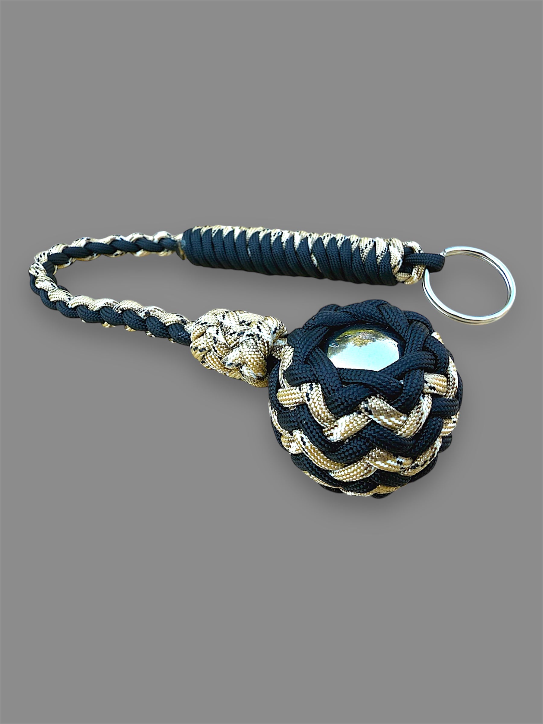 Decorative Paracord Wrapped 1.5 inch Steel Ball in Black and Tan Camo Keychain monkey fist style
