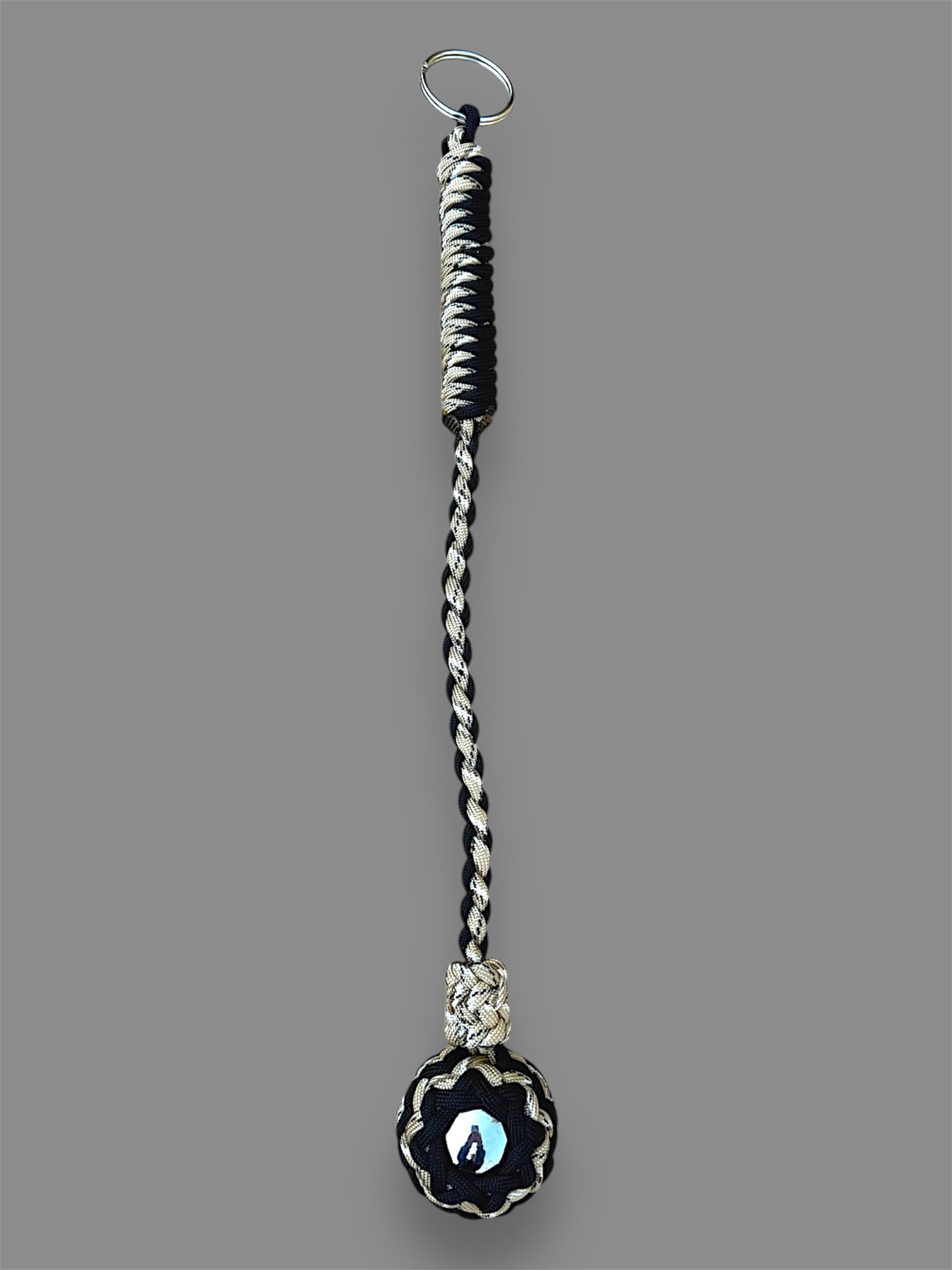 Decorative Paracord Wrapped 1.5 inch Steel Ball in Black and Tan Camo Keychain monkey fist style