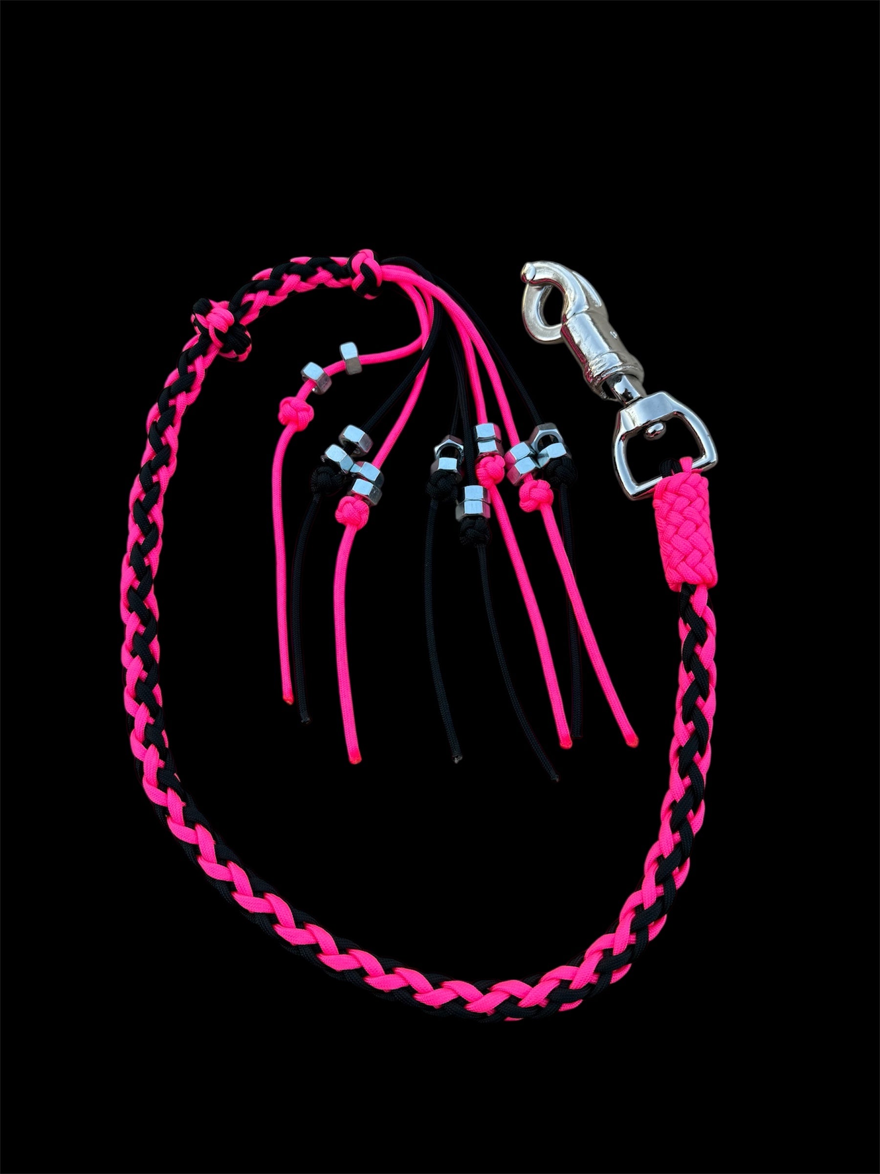 Decorative Paracord Motorcycle Get Back Whip in Black and Hot Pink on Panic Snap