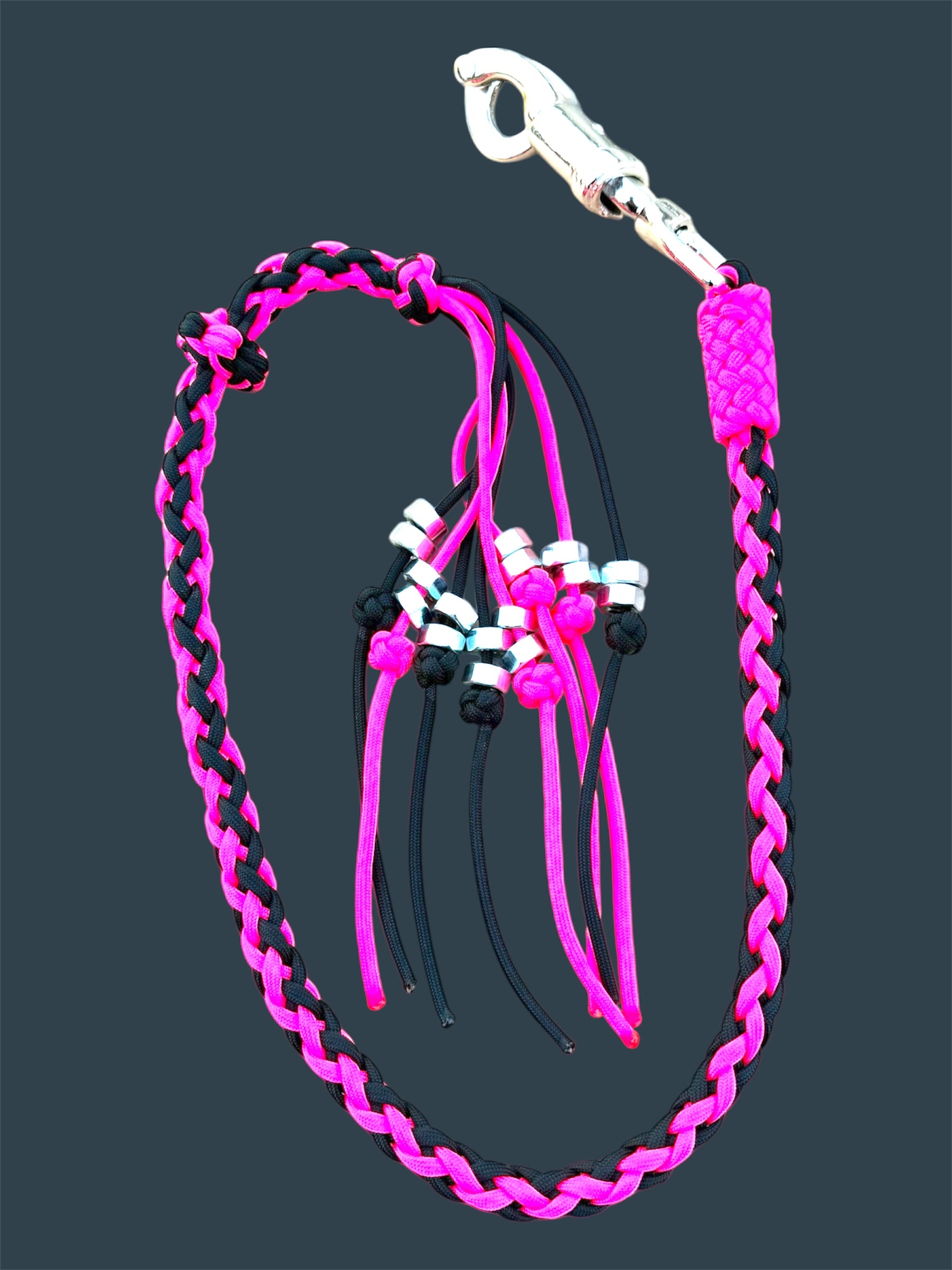 Decorative Paracord Motorcycle Get Back Whip in Black and Hot Pink on Panic Snap