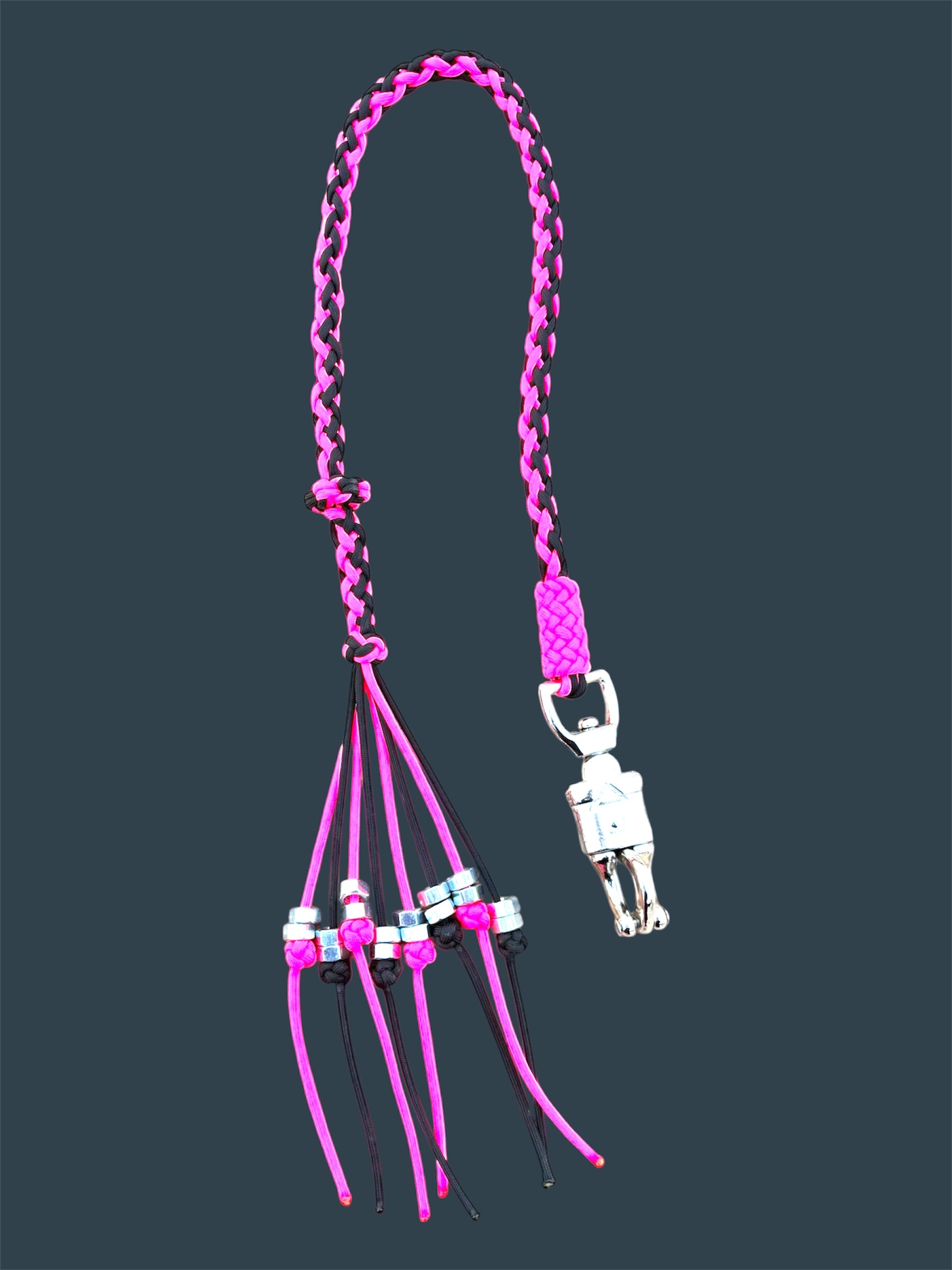 Decorative Paracord Motorcycle Get Back Whip in Black and Hot Pink on Panic Snap
