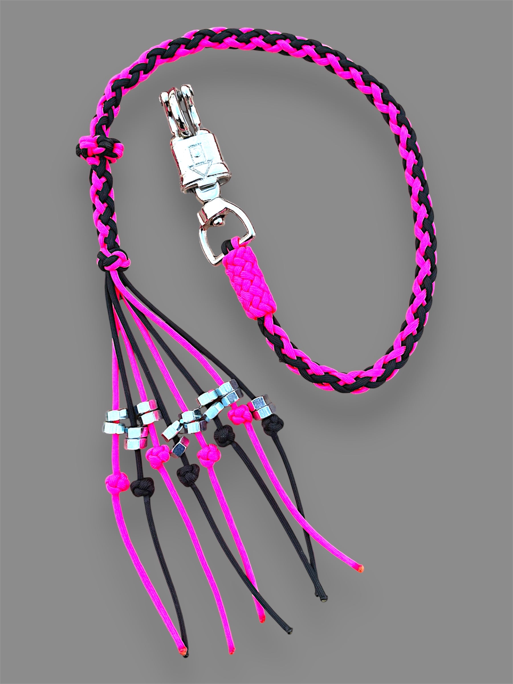 Decorative Paracord Motorcycle Get Back Whip in Black and Hot Pink on Panic Snap