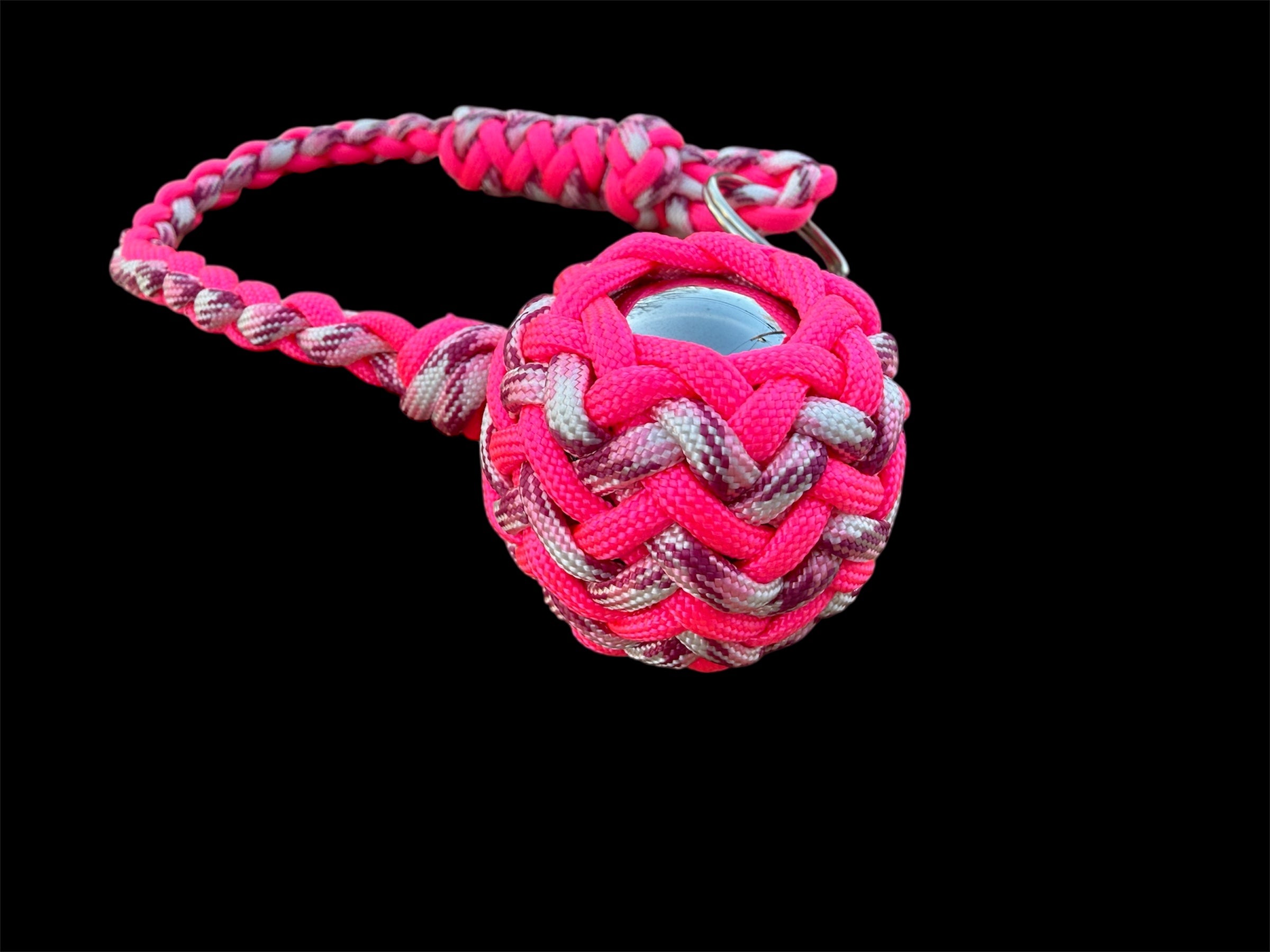 Decorative Paracord Wrapped 1.5 inch Steel Ball in Hot Pink and Pink Camo Keychain monkey fist style on a split ring