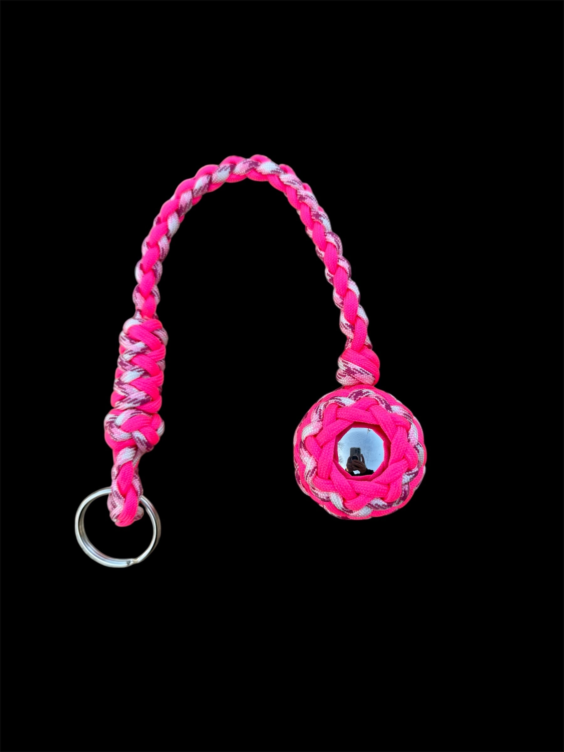 Decorative Paracord Wrapped 1.5 inch Steel Ball in Hot Pink and Pink Camo Keychain monkey fist style on a split ring