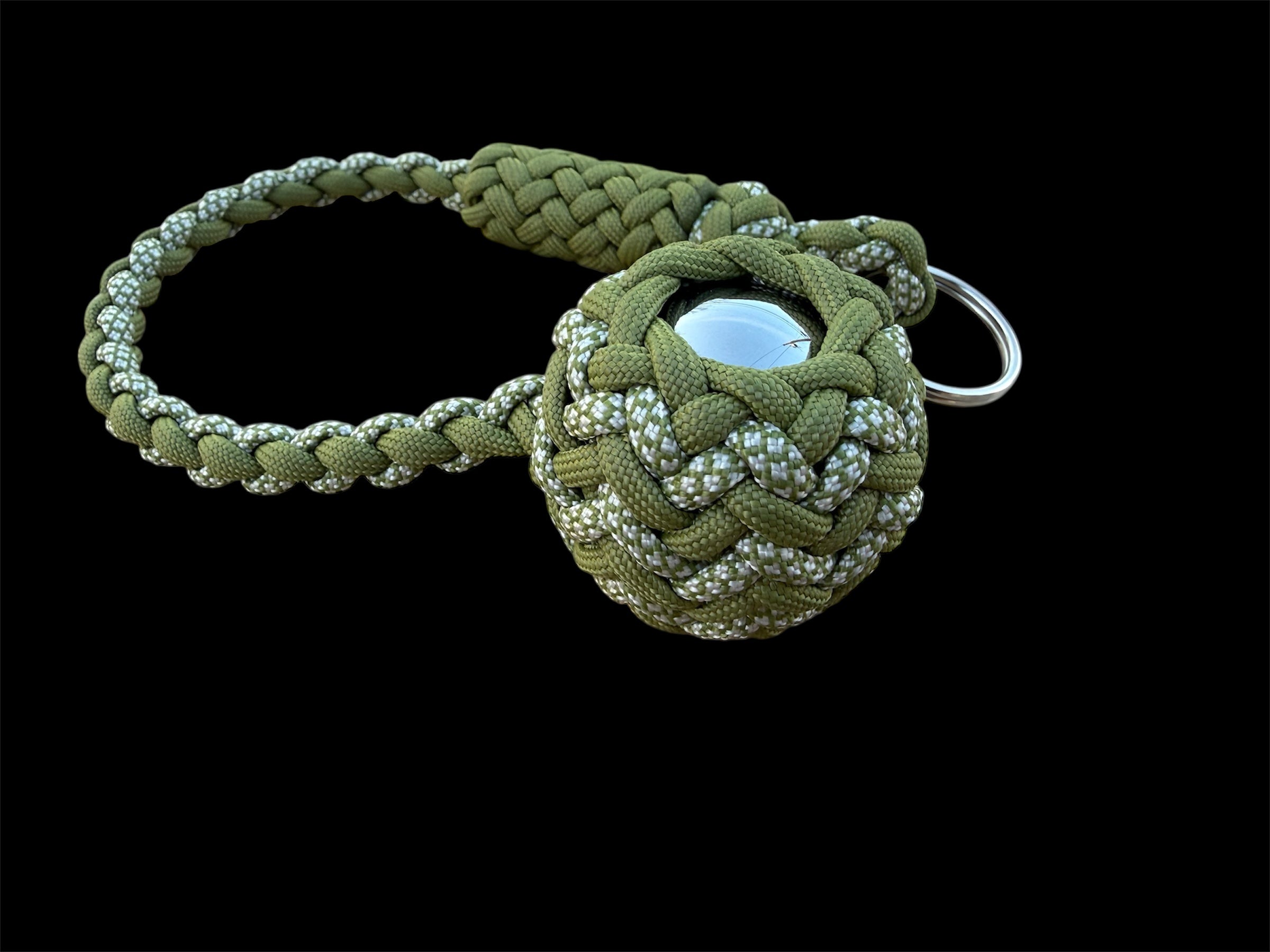 Decorative Paracord Wrapped 1.5 inch Steel Ball in Moss Green and Moss Green with White Diamonds Keychain monkey fist style on a split ring