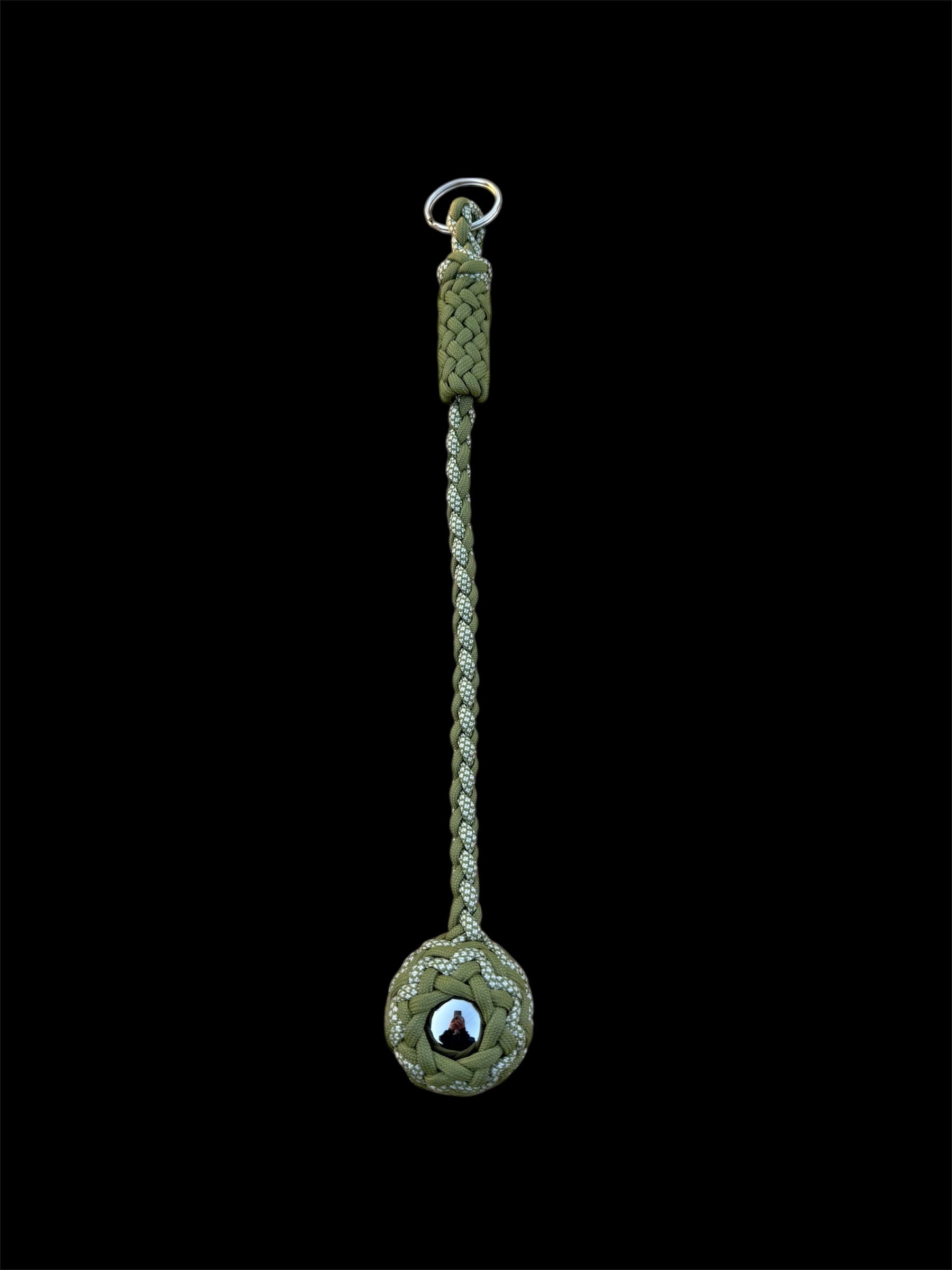 Decorative Paracord Wrapped 1.5 inch Steel Ball in Moss Green and Moss Green with White Diamonds Keychain monkey fist style on a split ring