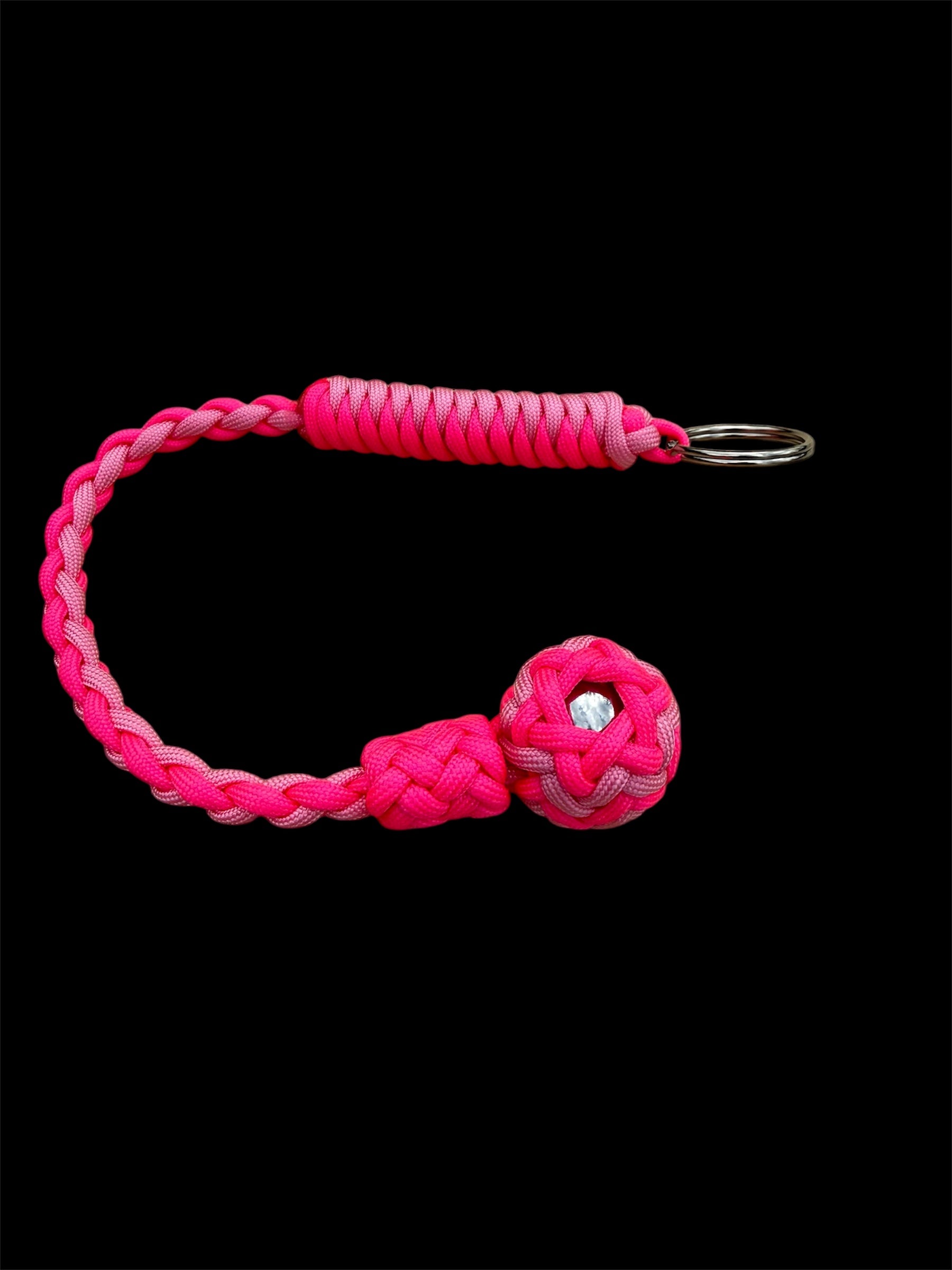 Decorative Paracord Wrapped 1 inch Steel Ball in Hot Pink and Soft Pink Keychain monkey fist style on a split ring
