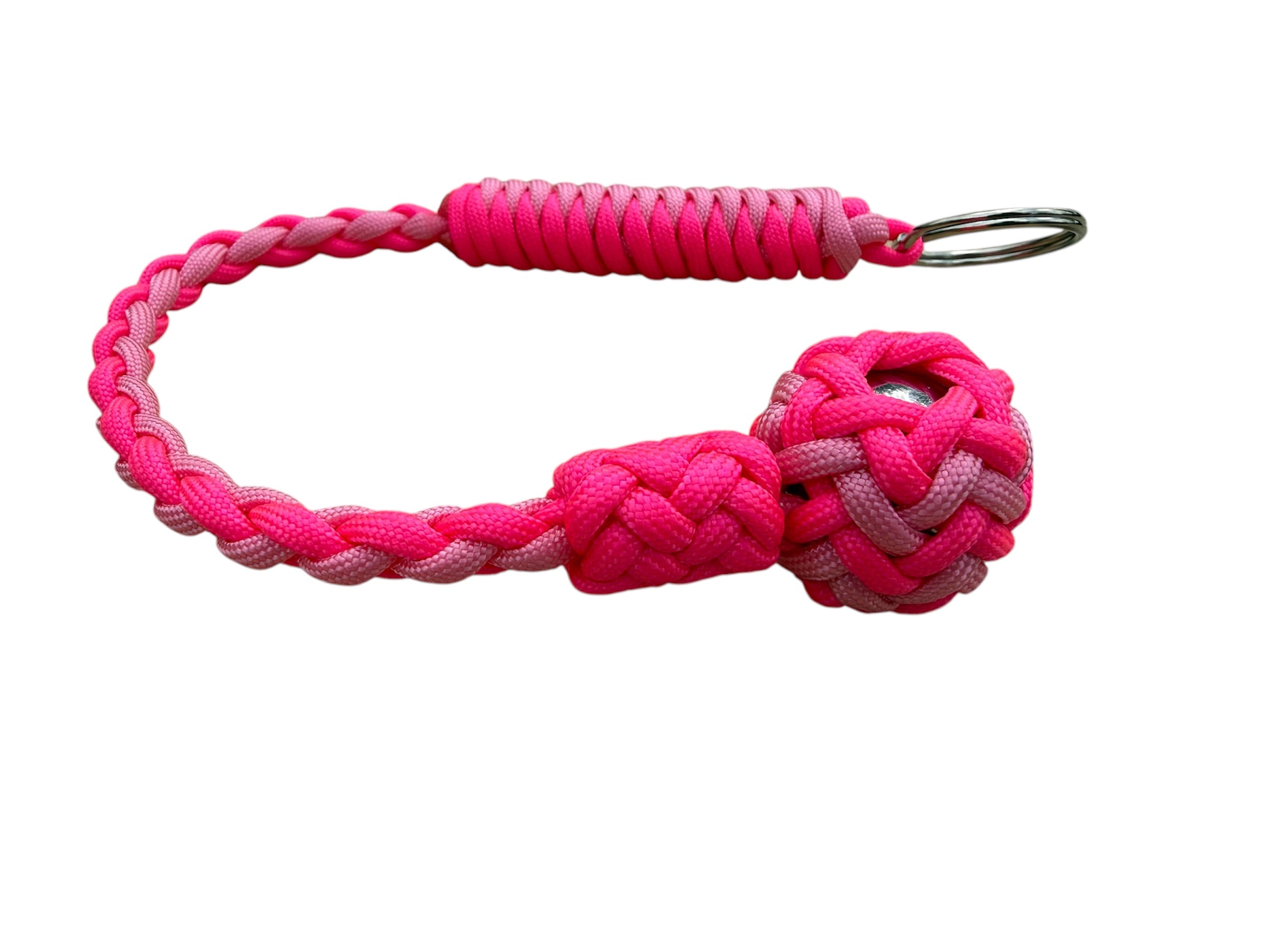 Decorative Paracord Wrapped 1 inch Steel Ball in Hot Pink and Soft Pink Keychain monkey fist style on a split ring