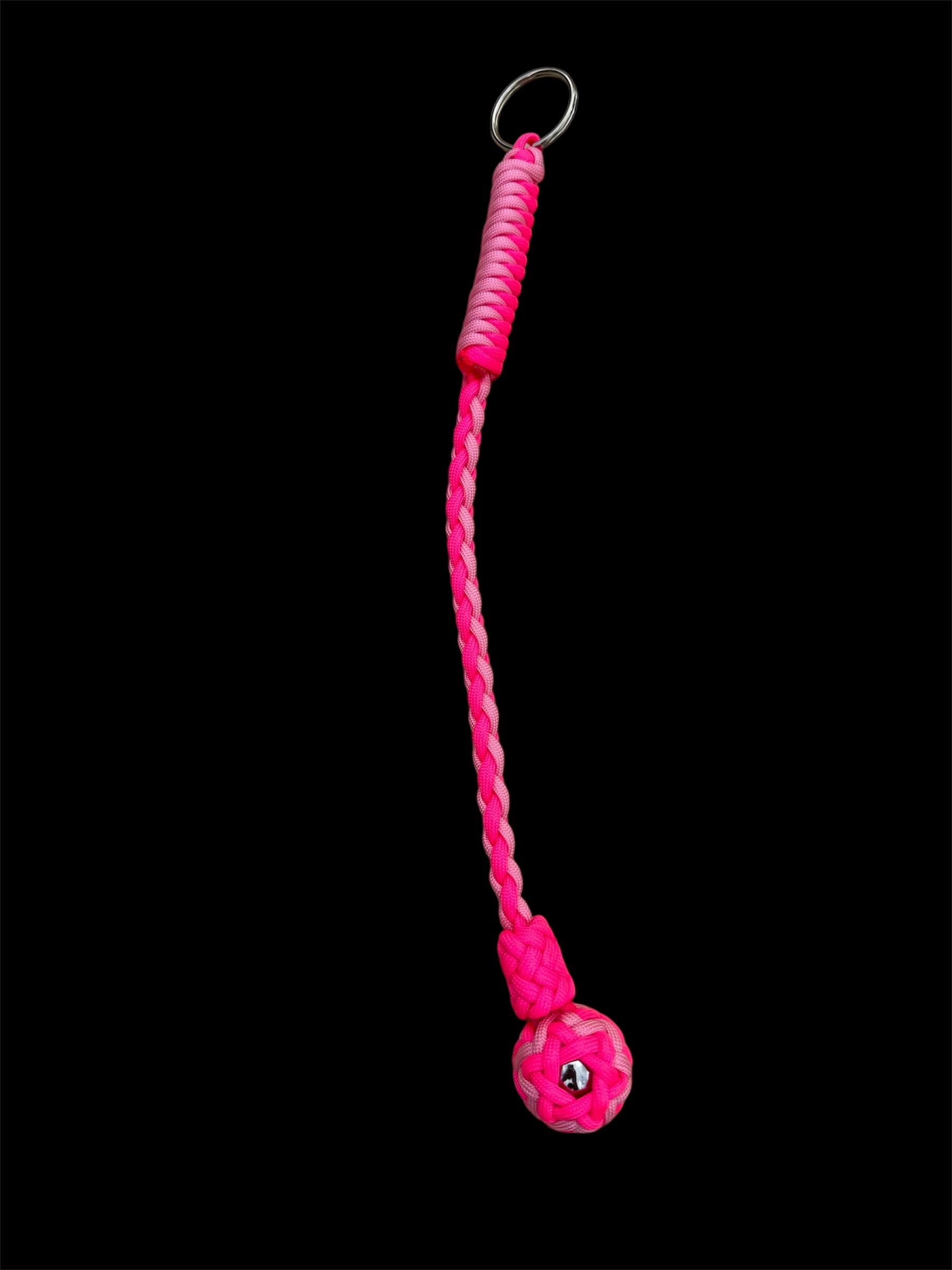 Decorative Paracord Wrapped 1 inch Steel Ball in Hot Pink and Soft Pink Keychain monkey fist style on a split ring