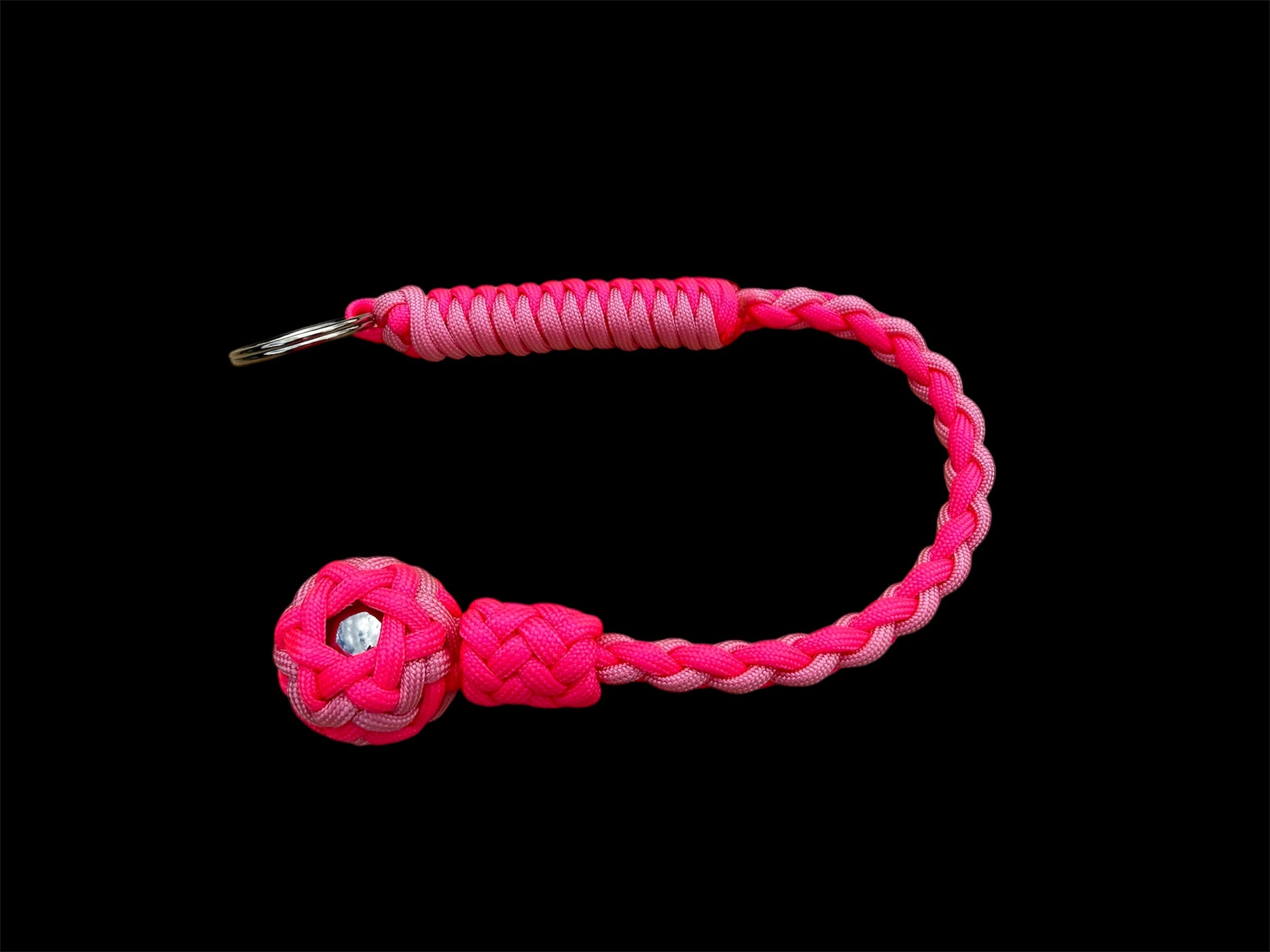 Decorative Paracord Wrapped 1 inch Steel Ball in Hot Pink and Soft Pink Keychain monkey fist style on a split ring