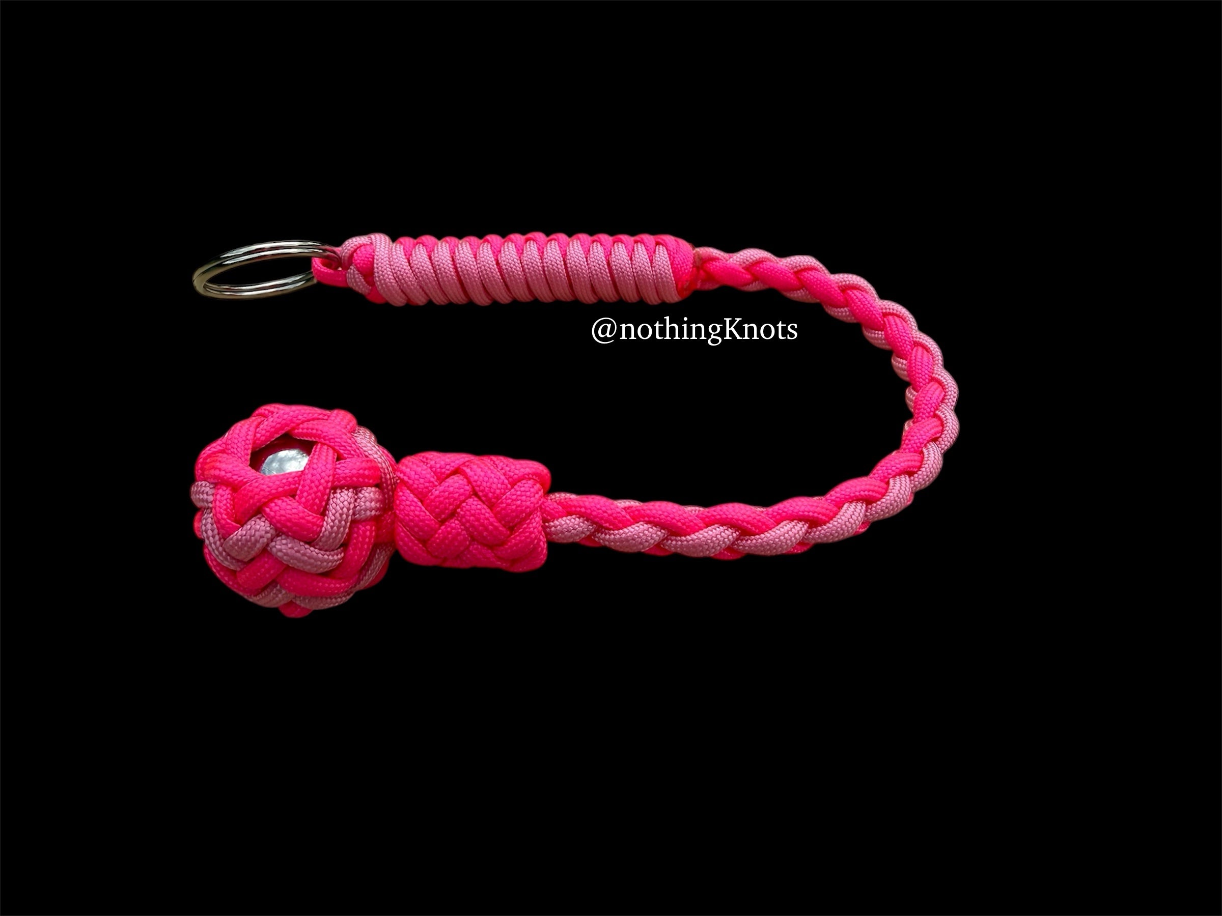 Decorative Paracord Wrapped 1 inch Steel Ball in Hot Pink and Soft Pink Keychain monkey fist style on a split ring