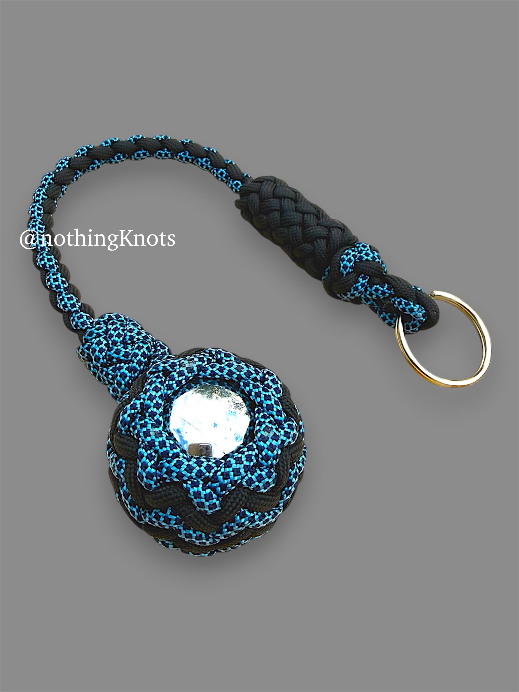 Decorative Paracord Wrapped 1.5 inch Steel Ball in Black and Blue with Black Diamonds Keychain monkey fist style on a split ring