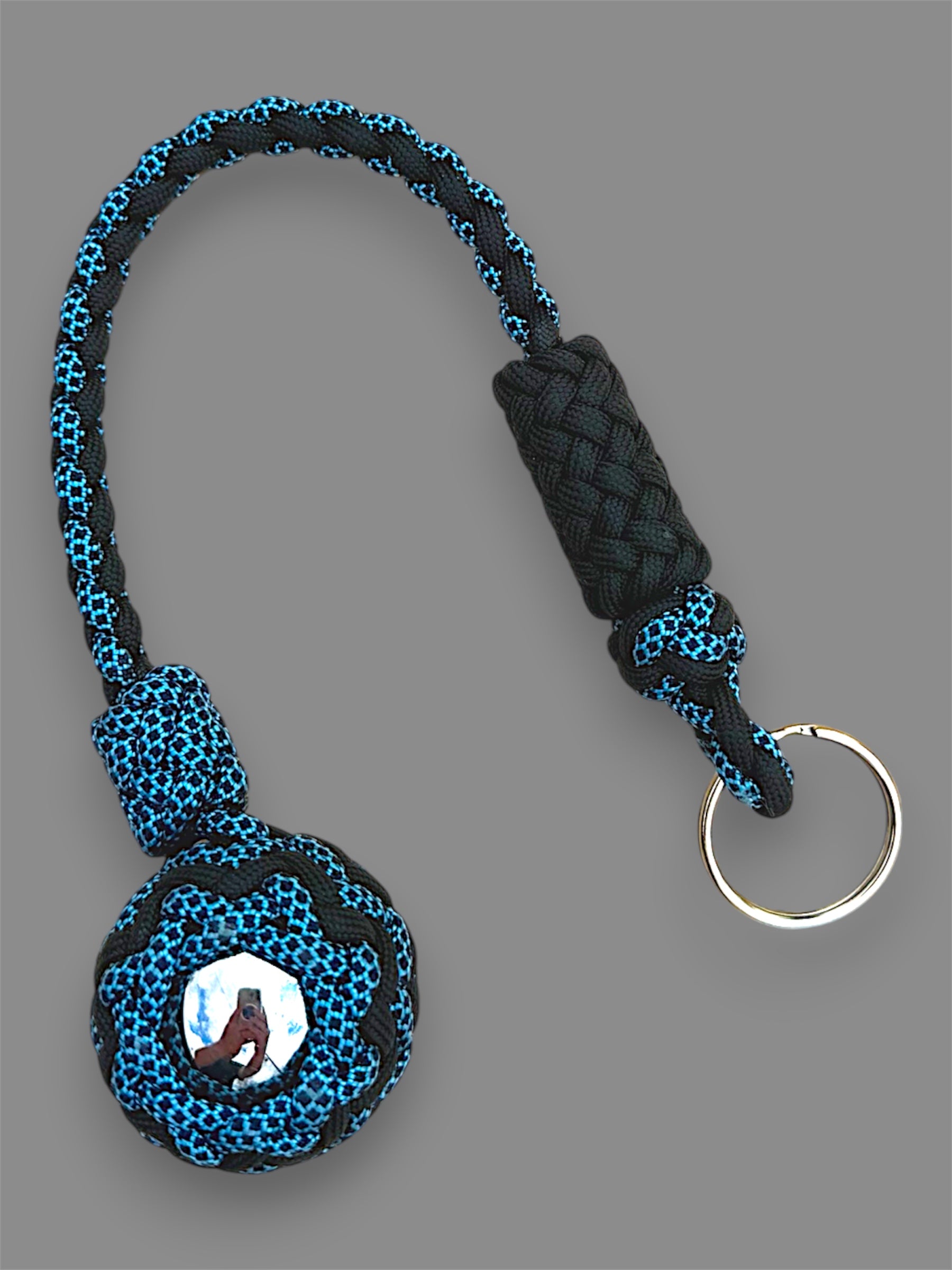 Decorative Paracord Wrapped 1.5 inch Steel Ball in Black and Blue with Black Diamonds Keychain monkey fist style on a split ring