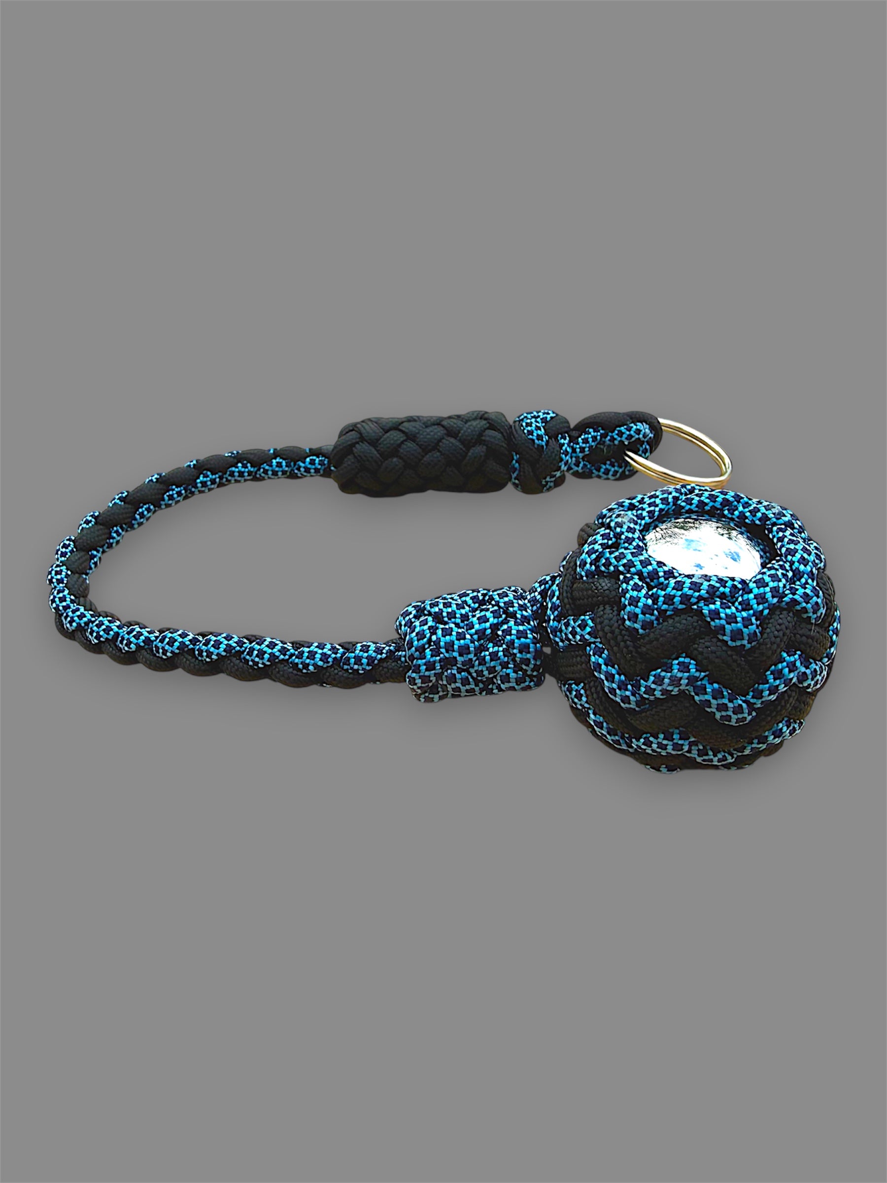 Decorative Paracord Wrapped 1.5 inch Steel Ball in Black and Blue with Black Diamonds Keychain monkey fist style on a split ring