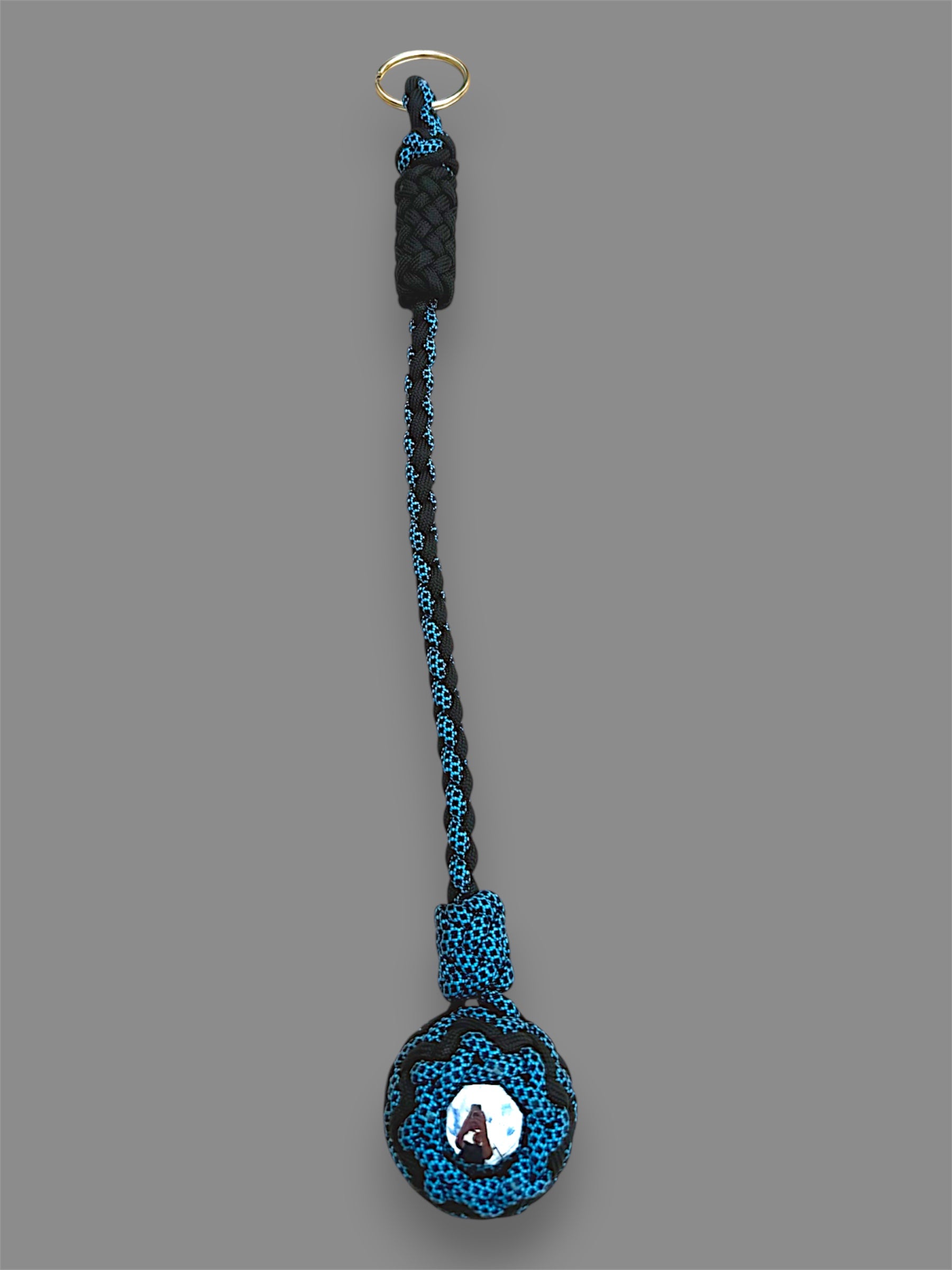 Decorative Paracord Wrapped 1.5 inch Steel Ball in Black and Blue with Black Diamonds Keychain monkey fist style on a split ring