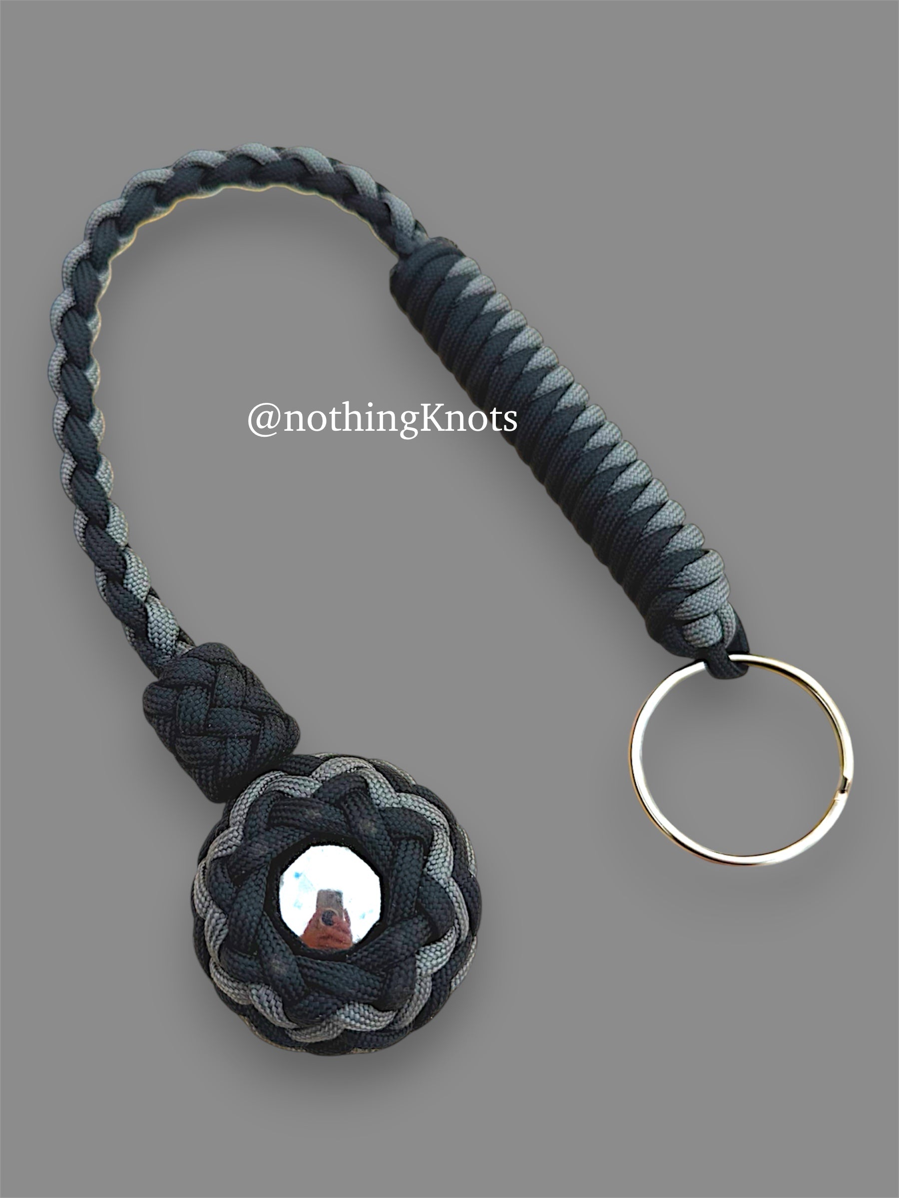Decorative Paracord Wrapped 1.5 inch Steel Ball in Black and Charcoal Gray Keychain monkey fist style on a split ring