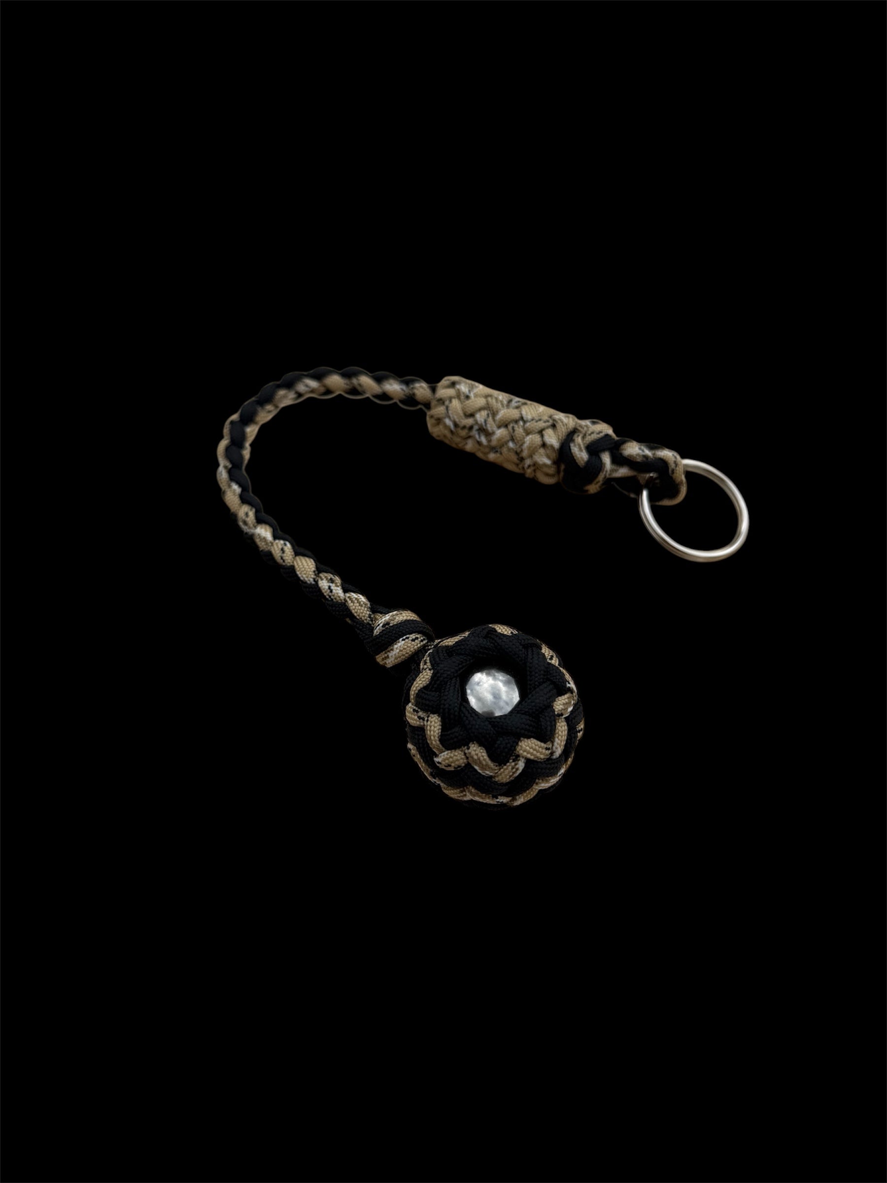 Decorative Paracord Wrapped 1.25 inch Steel Ball in Black and Tan Camo Keychain monkey fist style