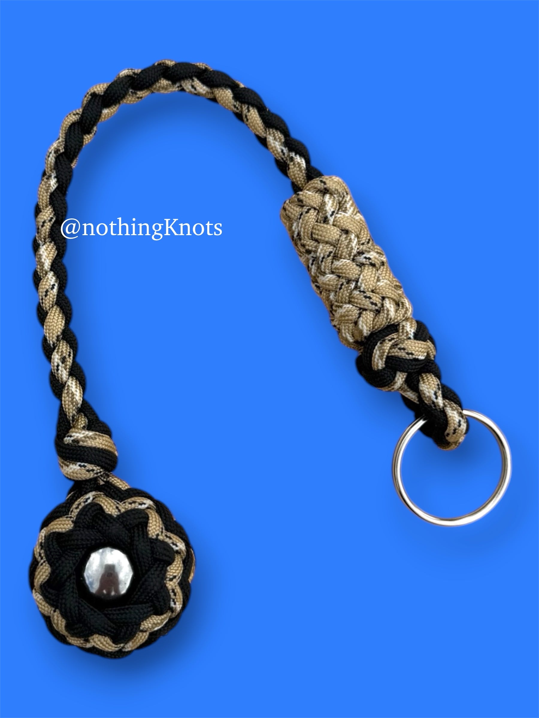 Decorative Paracord Wrapped 1.25 inch Steel Ball in Black and Tan Camo Keychain monkey fist style