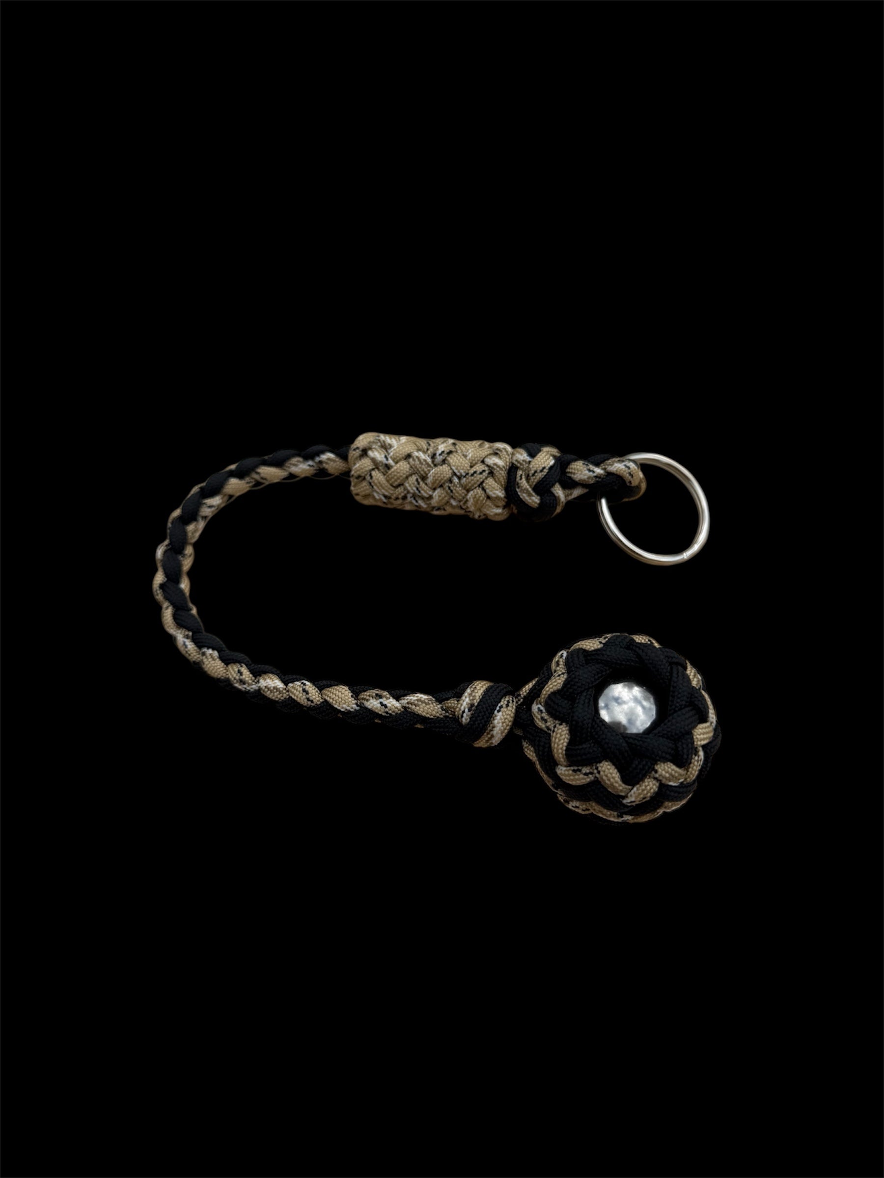 Decorative Paracord Wrapped 1.25 inch Steel Ball in Black and Tan Camo Keychain monkey fist style