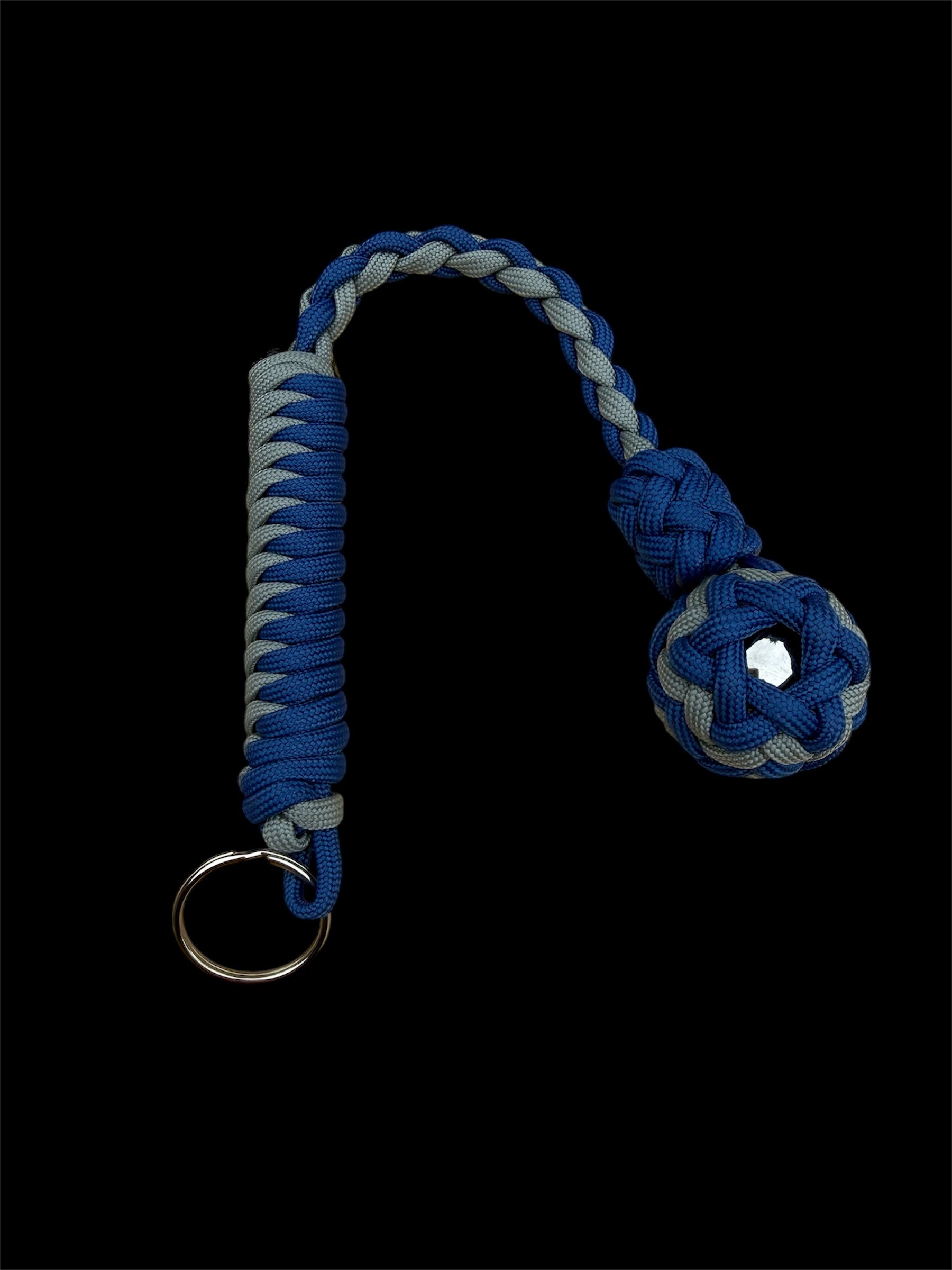Decorative Paracord Wrapped 1 inch Steel Ball in Blue and Gray Keychain monkey fist style on a split ring