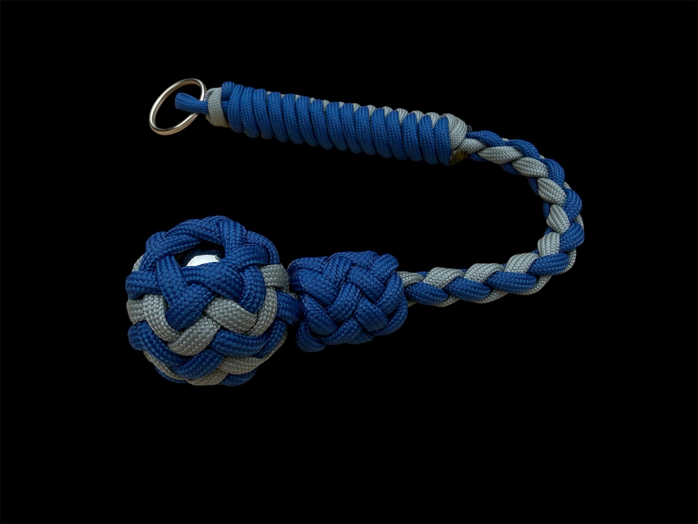 Decorative Paracord Wrapped 1 inch Steel Ball in Blue and Gray Keychain monkey fist style on a split ring