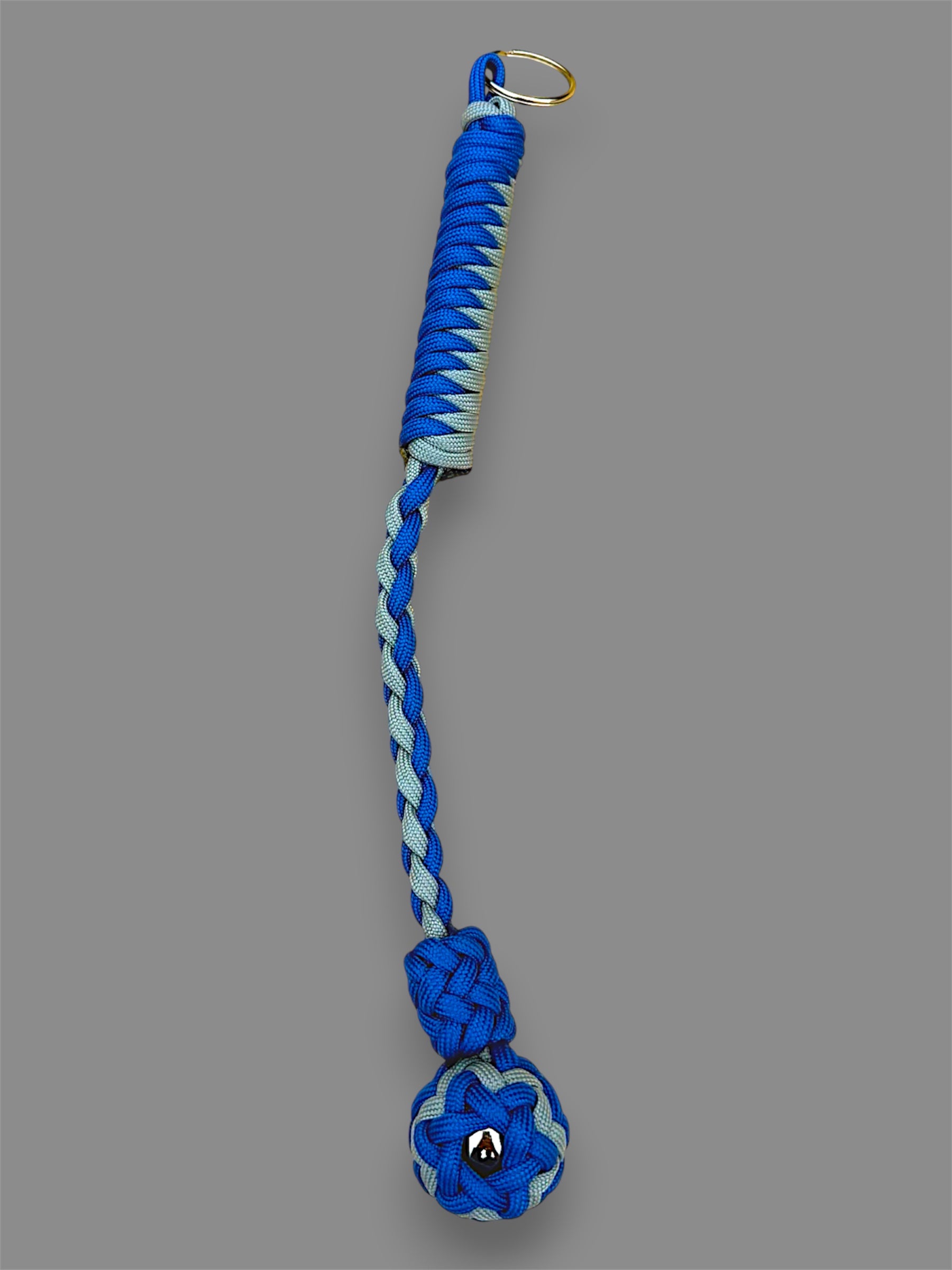 Decorative Paracord Wrapped 1 inch Steel Ball in Blue and Gray Keychain monkey fist style on a split ring