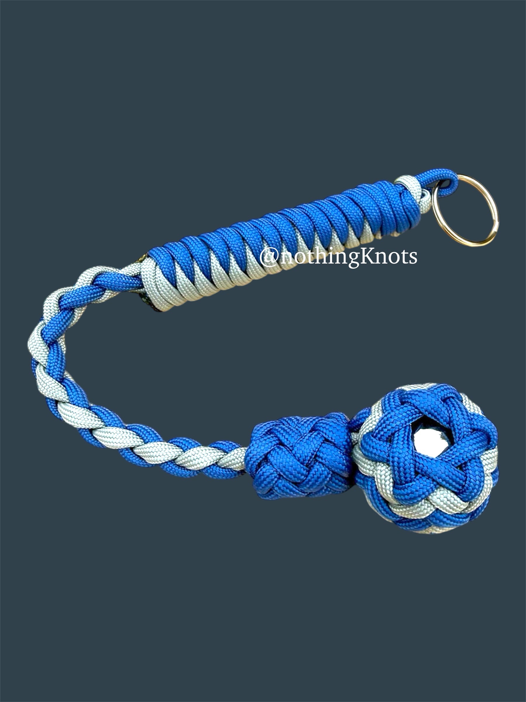 Decorative Paracord Wrapped 1 inch Steel Ball in Blue and Gray Keychain monkey fist style on a split ring
