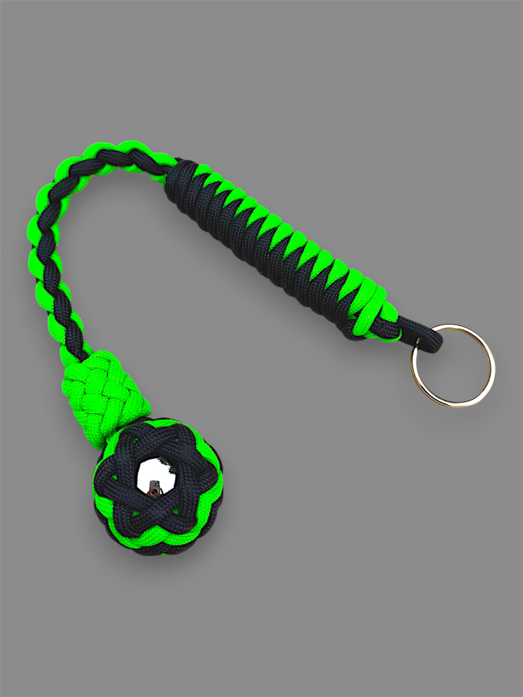 Decorative Paracord Wrapped 1 inch Steel Ball in Black and Neon Green Keychain monkey fist style on a split ring